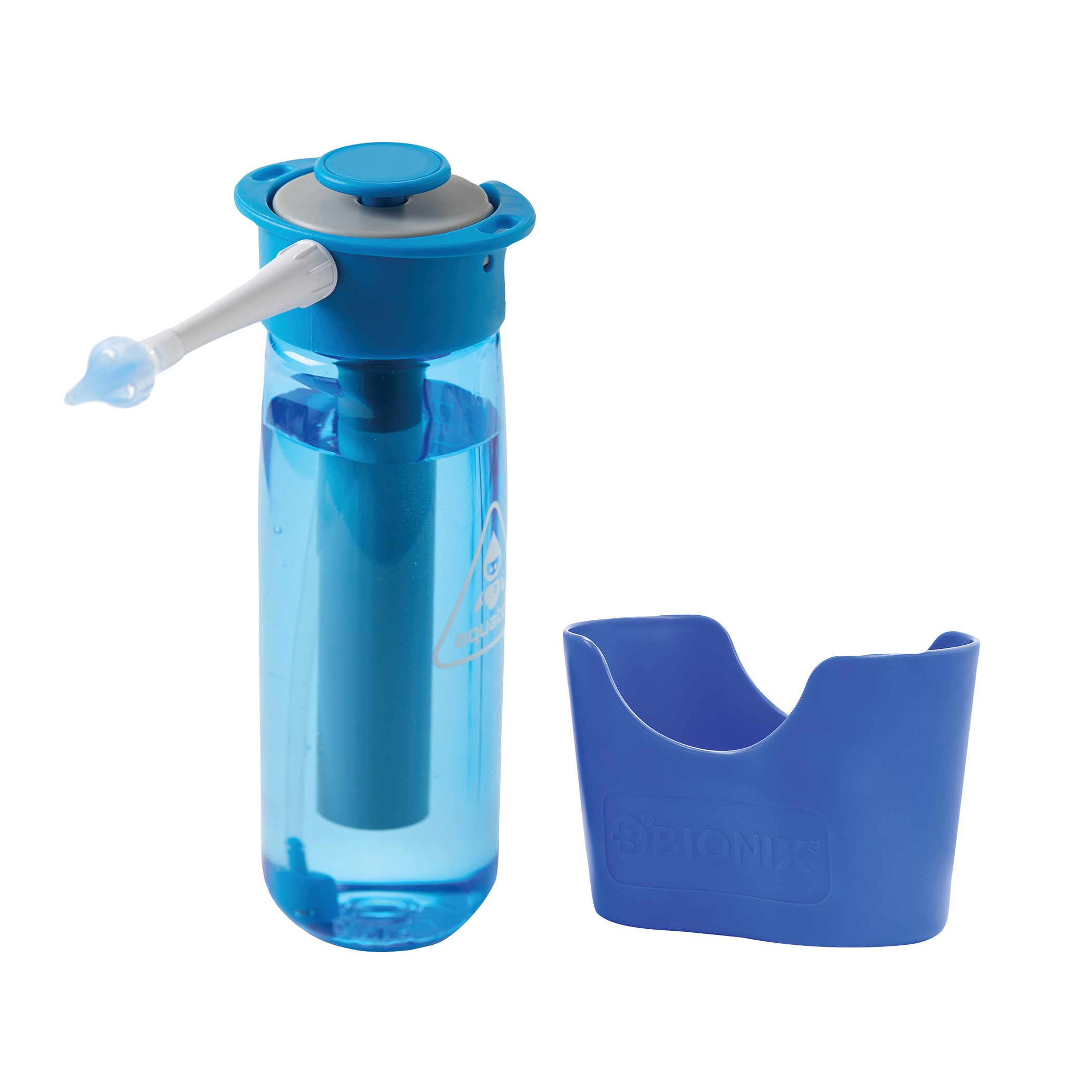 Bionix OtoClear Aquabot Ear Irrigation System includes a blue water bottle with a spray nozzle and a matching blue holder.