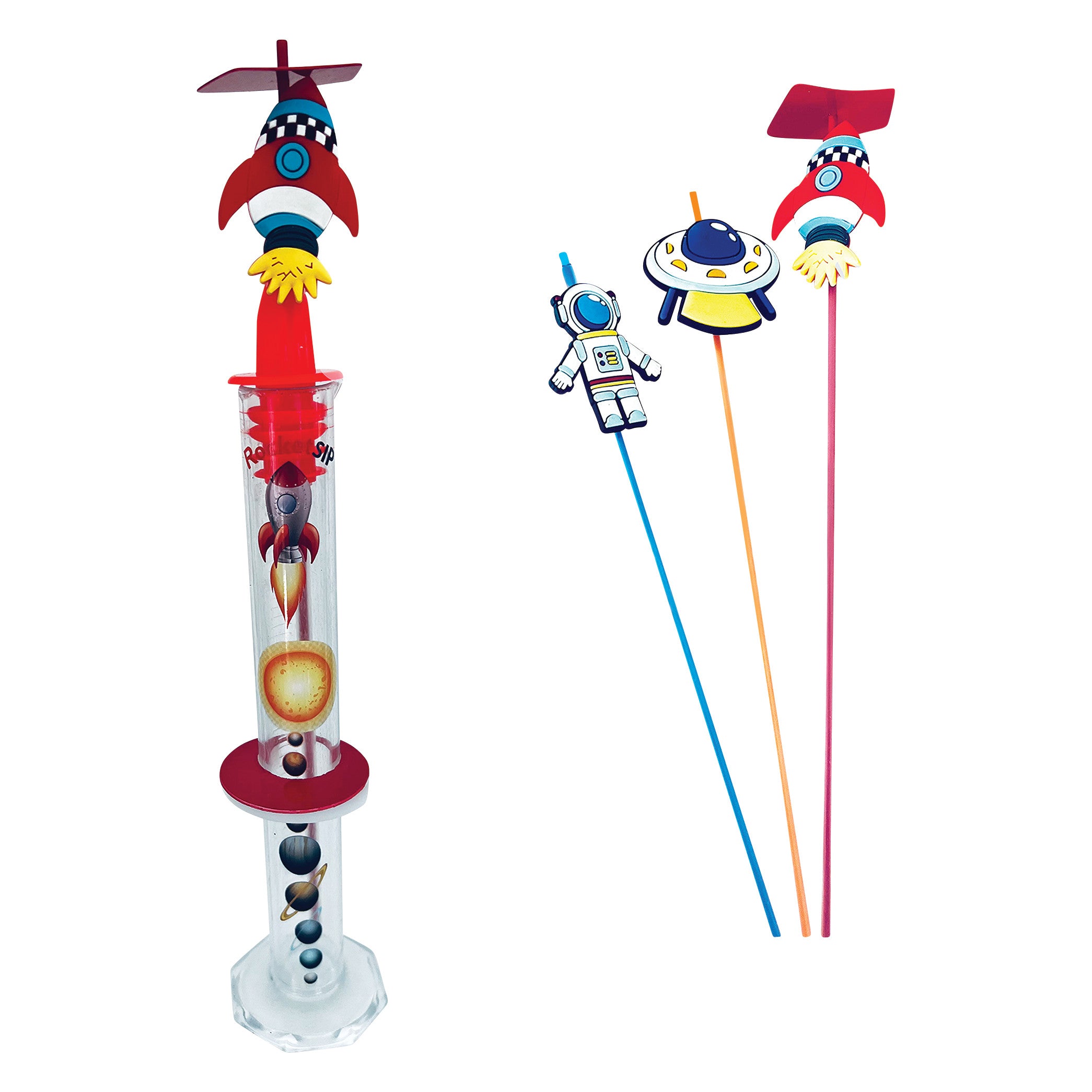 TheraSIP RocketSIP features colorful space-themed straws with astronaut, UFO, and rocket designs, alongside a clear holder.