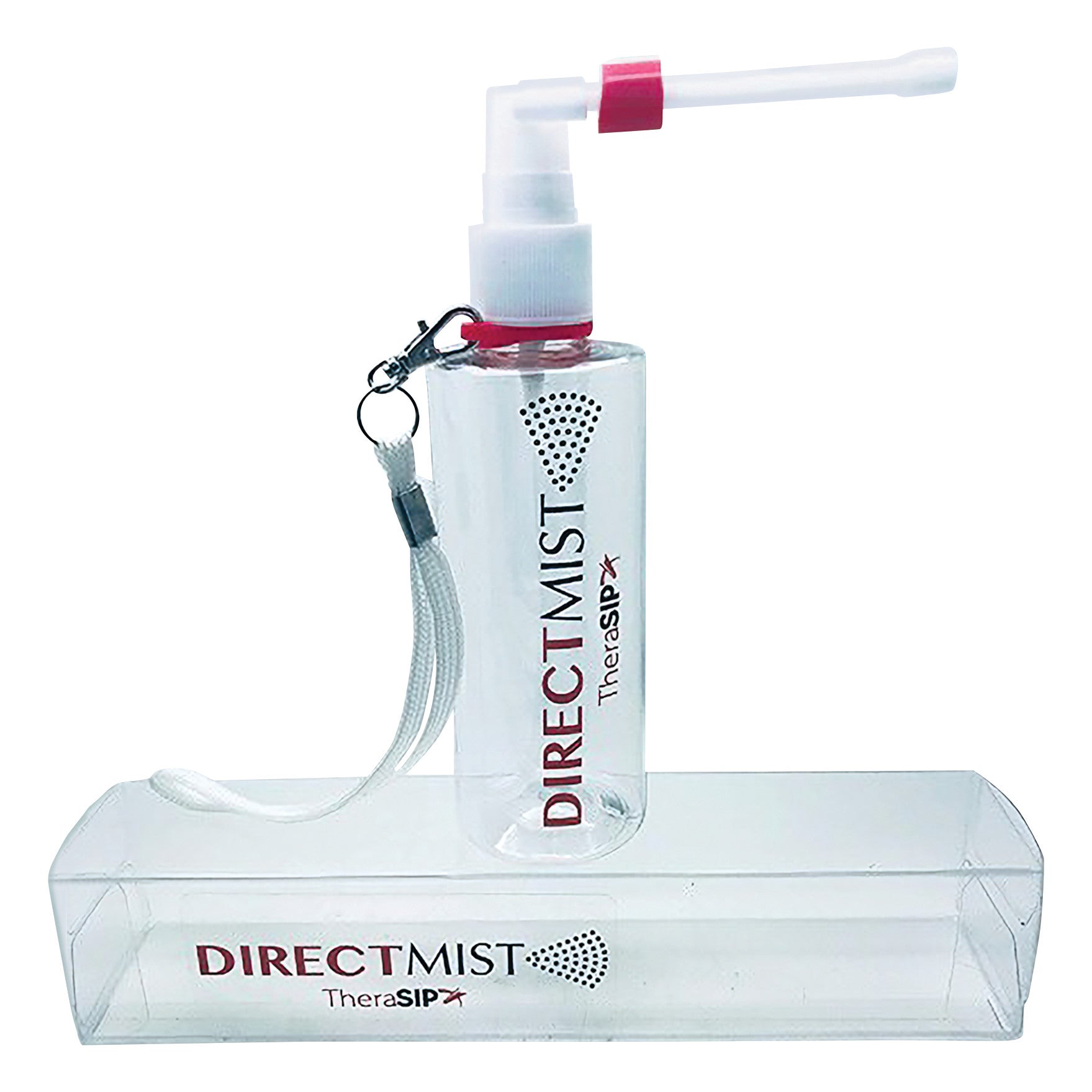Clear spray bottle labeled "TheraSIP DirectMIST" with a long white nozzle and a detachable white strap.