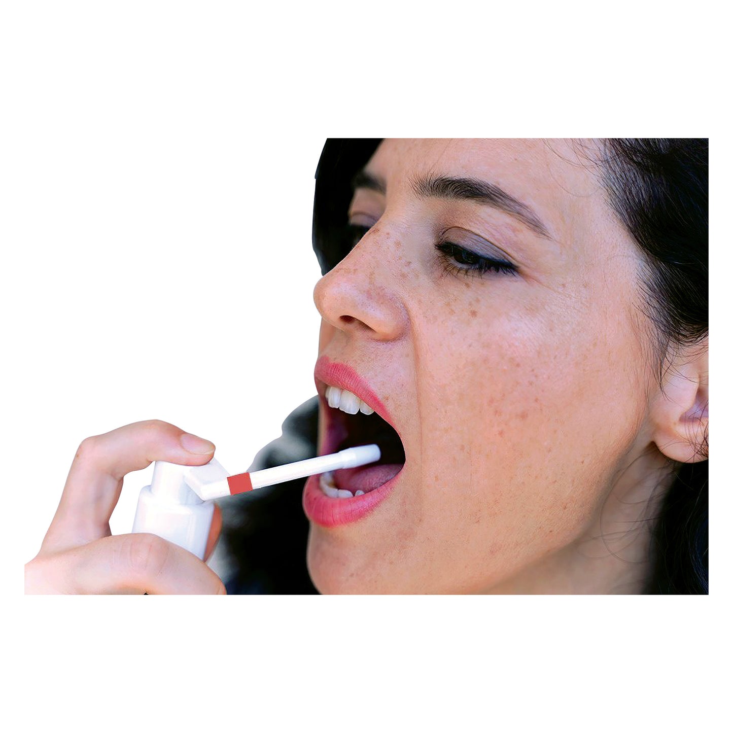 A person uses TheraSIP DirectMIST, spraying it into their mouth, in this product demonstration image.