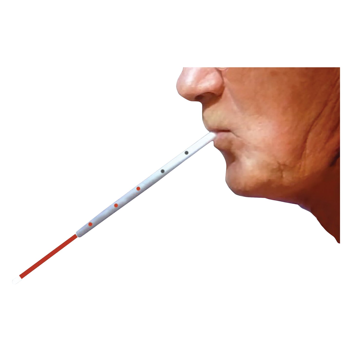 A person uses a TheraSIP LaryngeLIFT, a white tube with colored dots, held in their mouth for exercise or therapy.