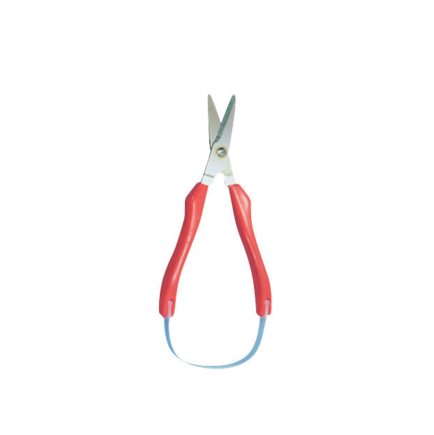 Spring-Open Scissors with Pointed Tip featuring red handles and a blue spring.