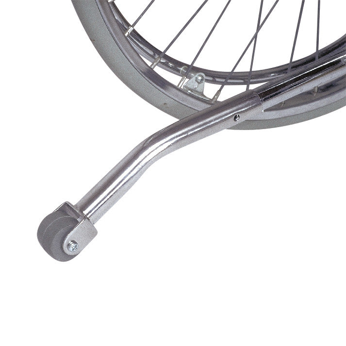Close-up of the AliMed Rear Anti-Tipper with Wheels attached to a wheelchair, showing the metal bracket and small wheel.