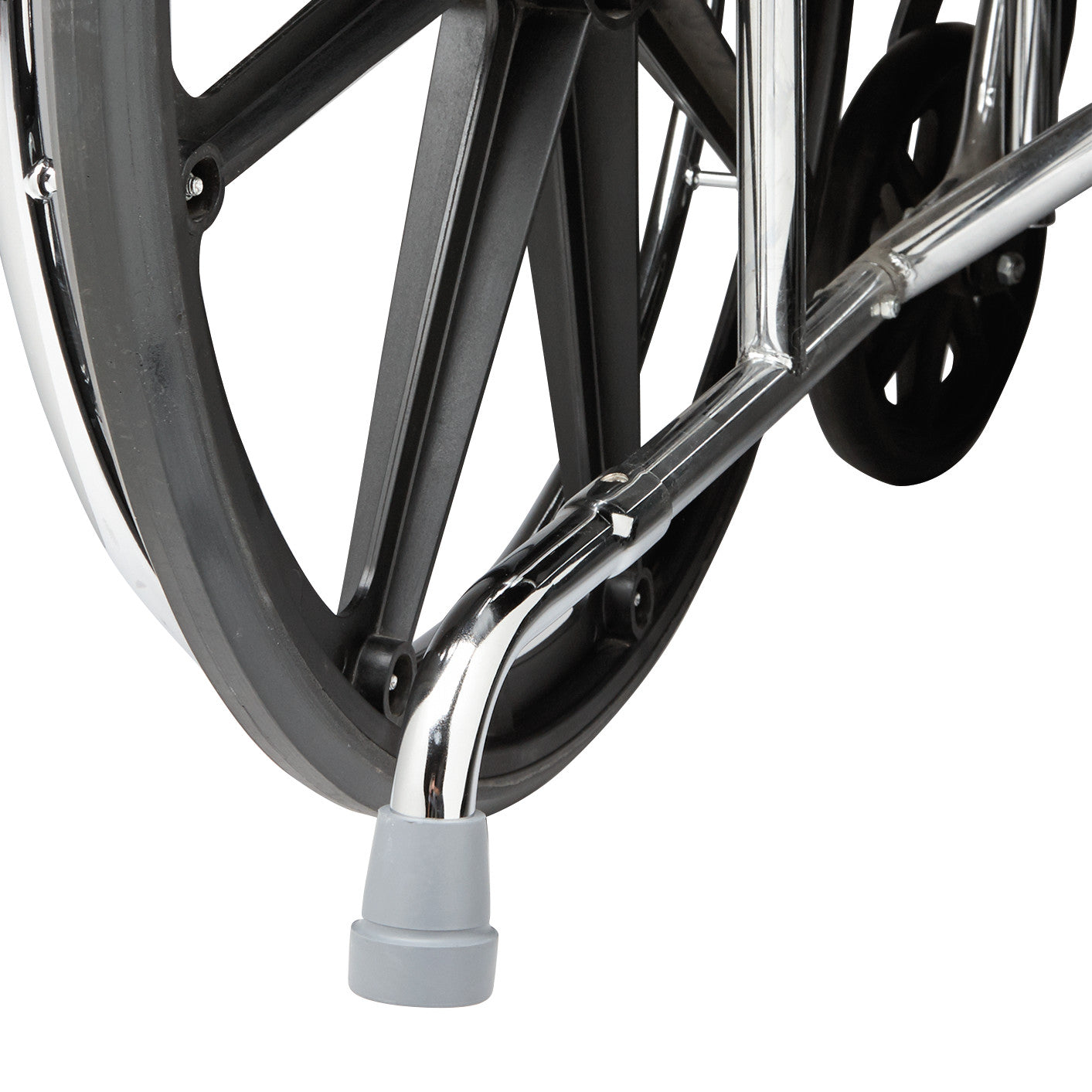 Close-up of AliMed Rear Anti-Tippers with Rubber Tips attached to a wheelchair, featuring a chrome finish and a large black wheel.
