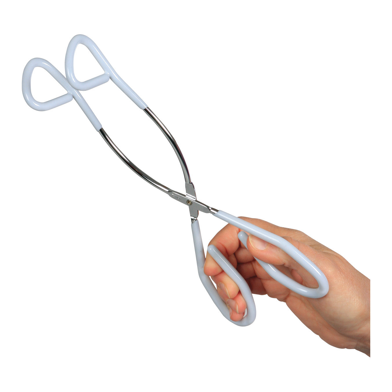 A hand holds the Therafin Short Toilet Paper Aid, featuring long handles with light blue grips on a white background.