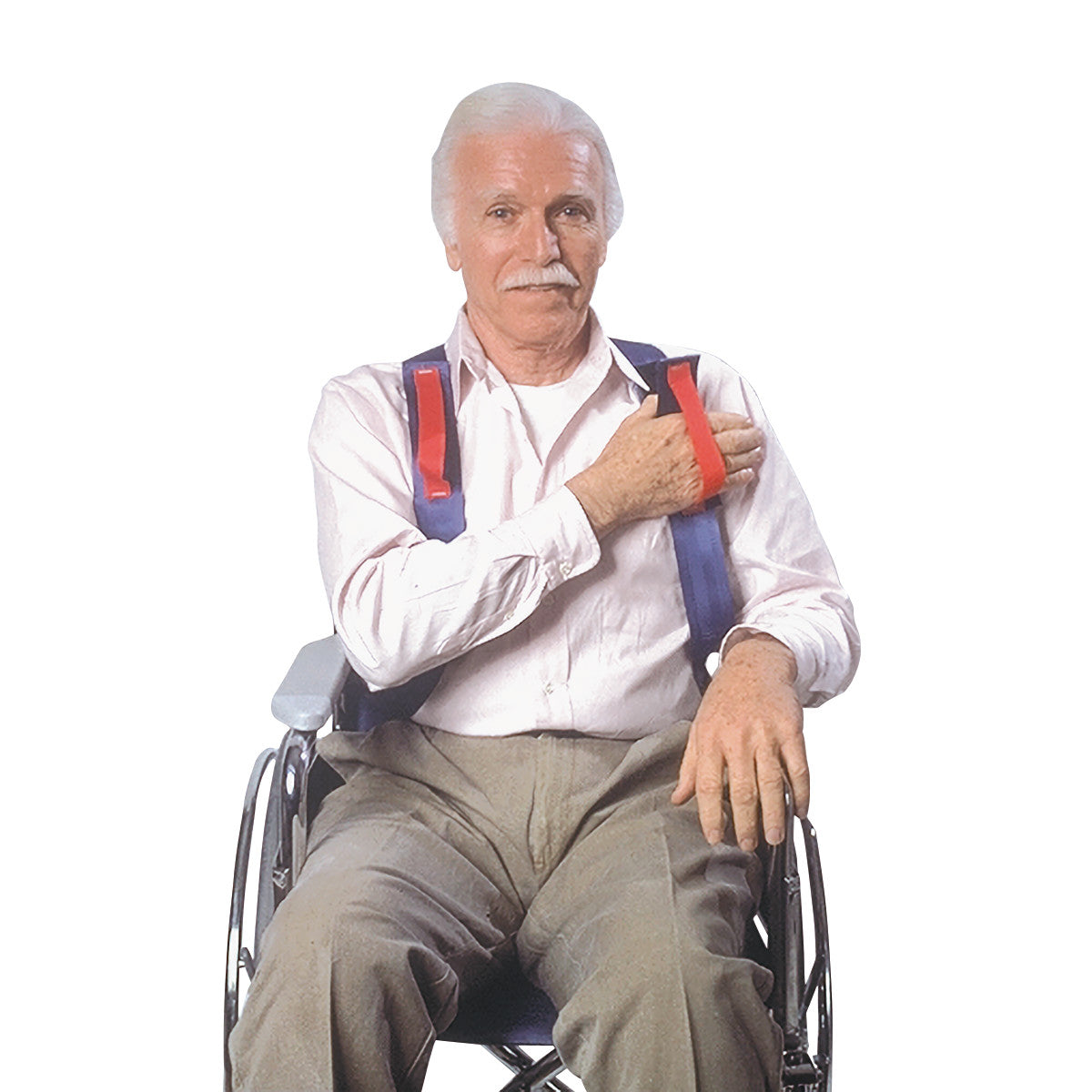 An elderly man sits in a wheelchair wearing a SkiL-Care Quick-Release Shoulder Posture Support with blue straps and red fasteners.