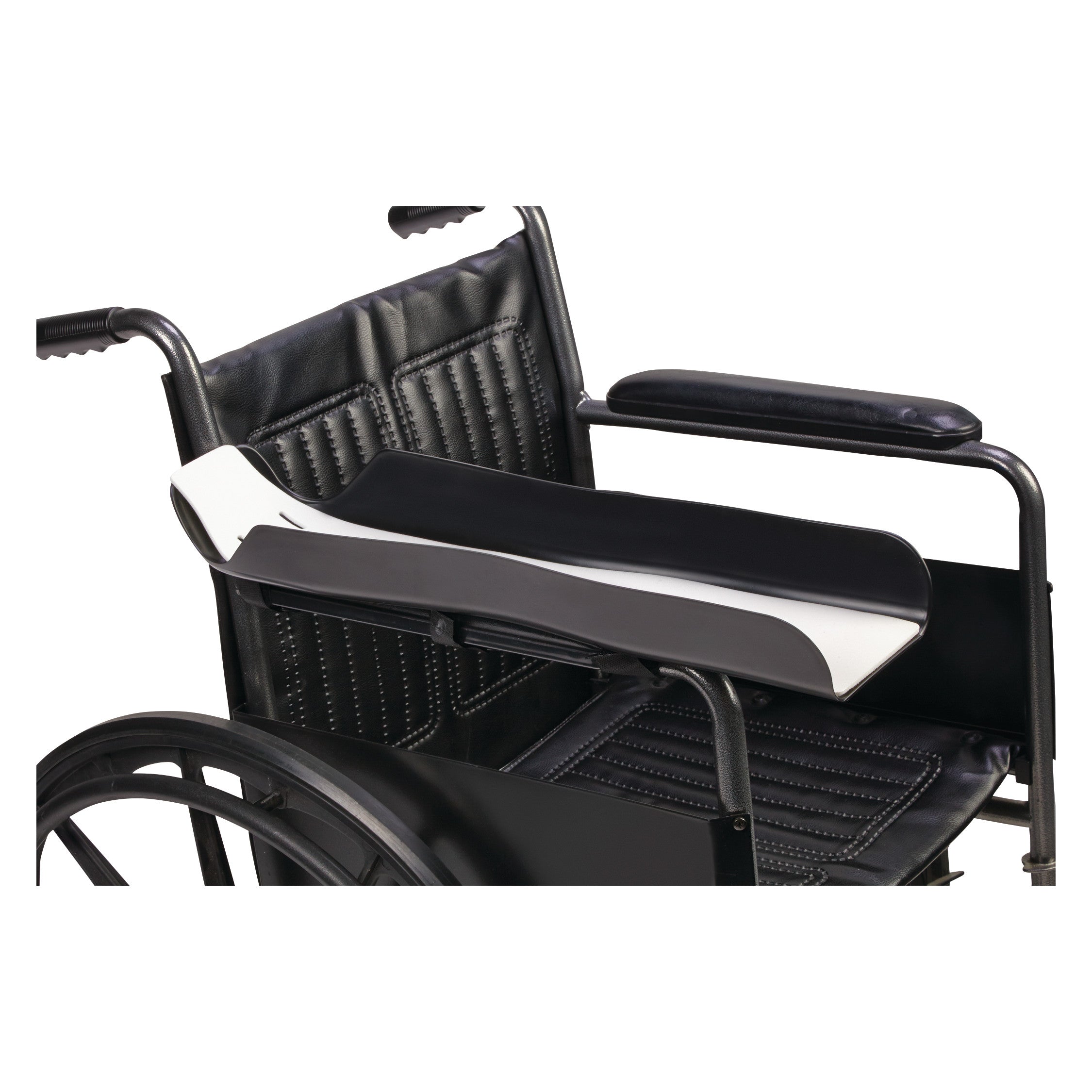 A Wheelchair Arm Support Tray is attached to the right side of a black wheelchair with a padded seat and backrest.