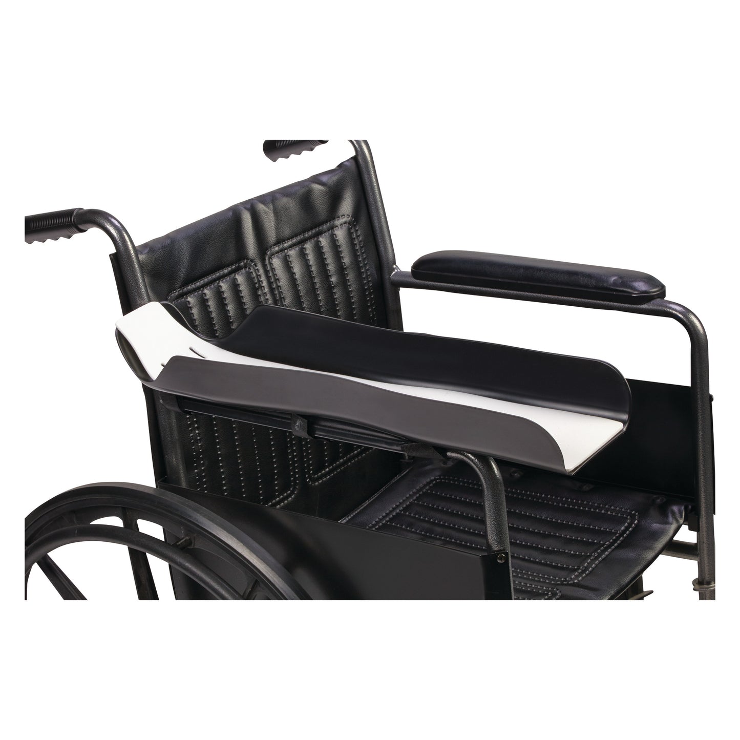 A Wheelchair Arm Support Tray is attached to the right side of a black wheelchair with a padded seat and backrest.
