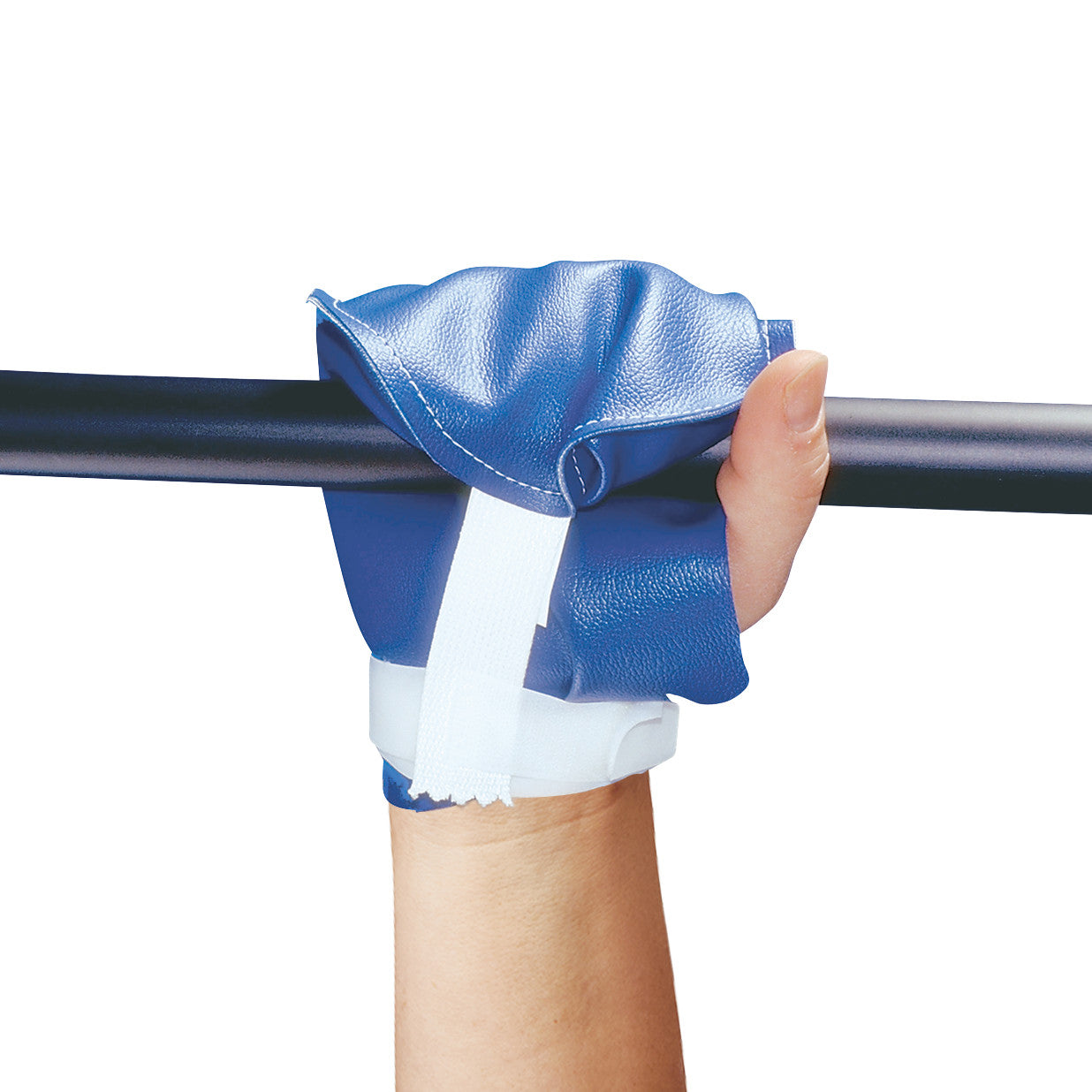 A hand uses the AliMed Holding Mitt for Exercise Pulley, gripping a black bar with a blue mitt and white strap for support.