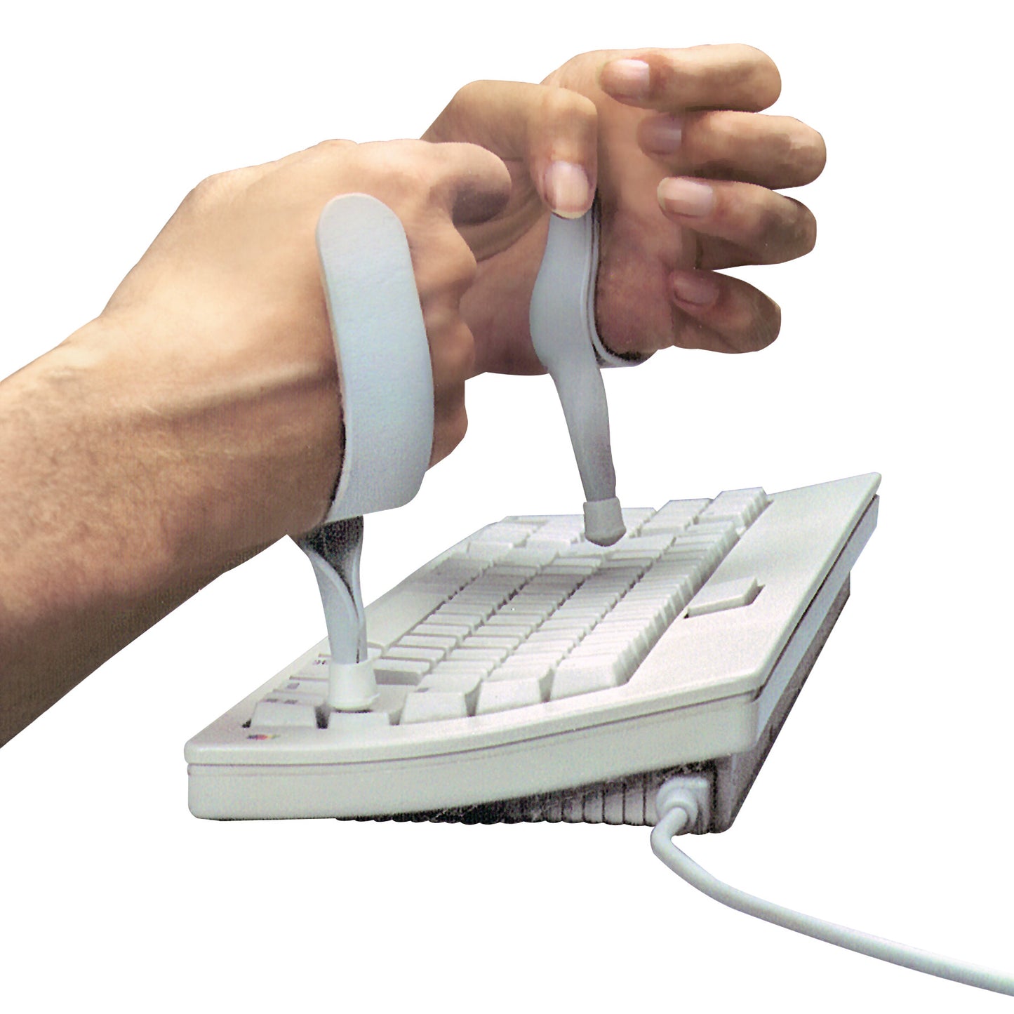 The AliMed Clear View Typing Aid is a device worn on hands, allowing easier typing on a keyboard by supporting finger movements.