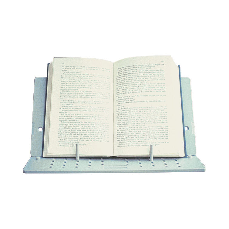Robert's Book Holder displaying an open book, supported by a perforated metal stand with page-clamp arms.