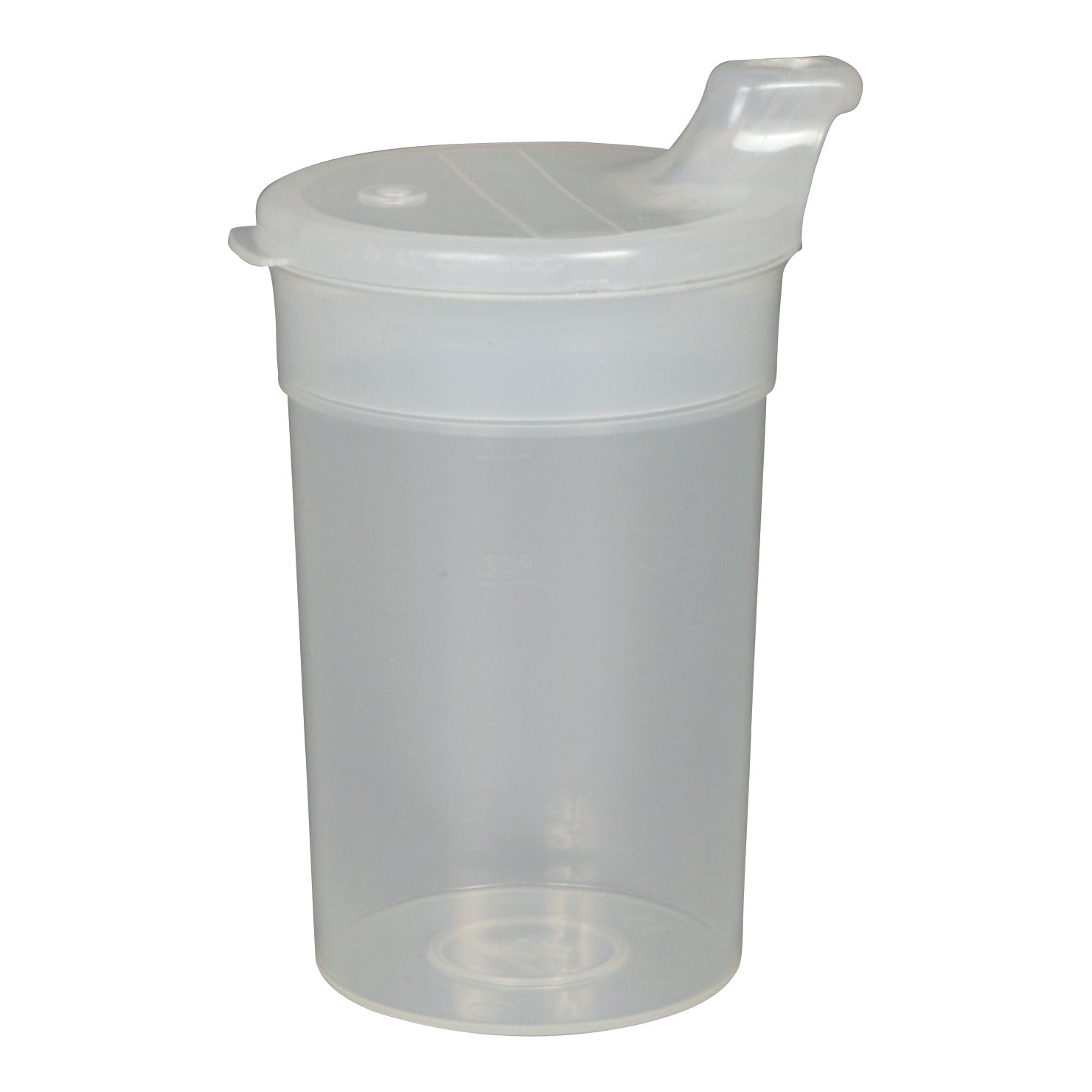 A transparent plastic No-Spill Cup with a lid and spout designed to prevent spills, shown against a plain white background.