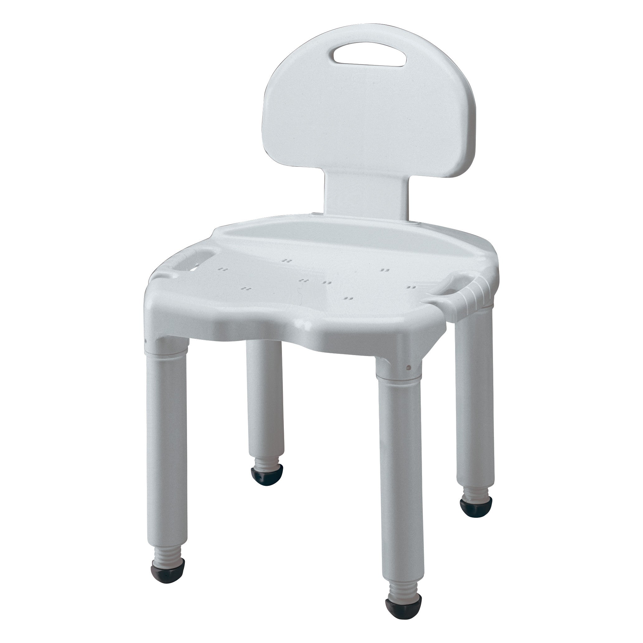 A white Carex Universal Bath Seat with a backrest, drainage holes, and four adjustable legs, suitable for shower use.