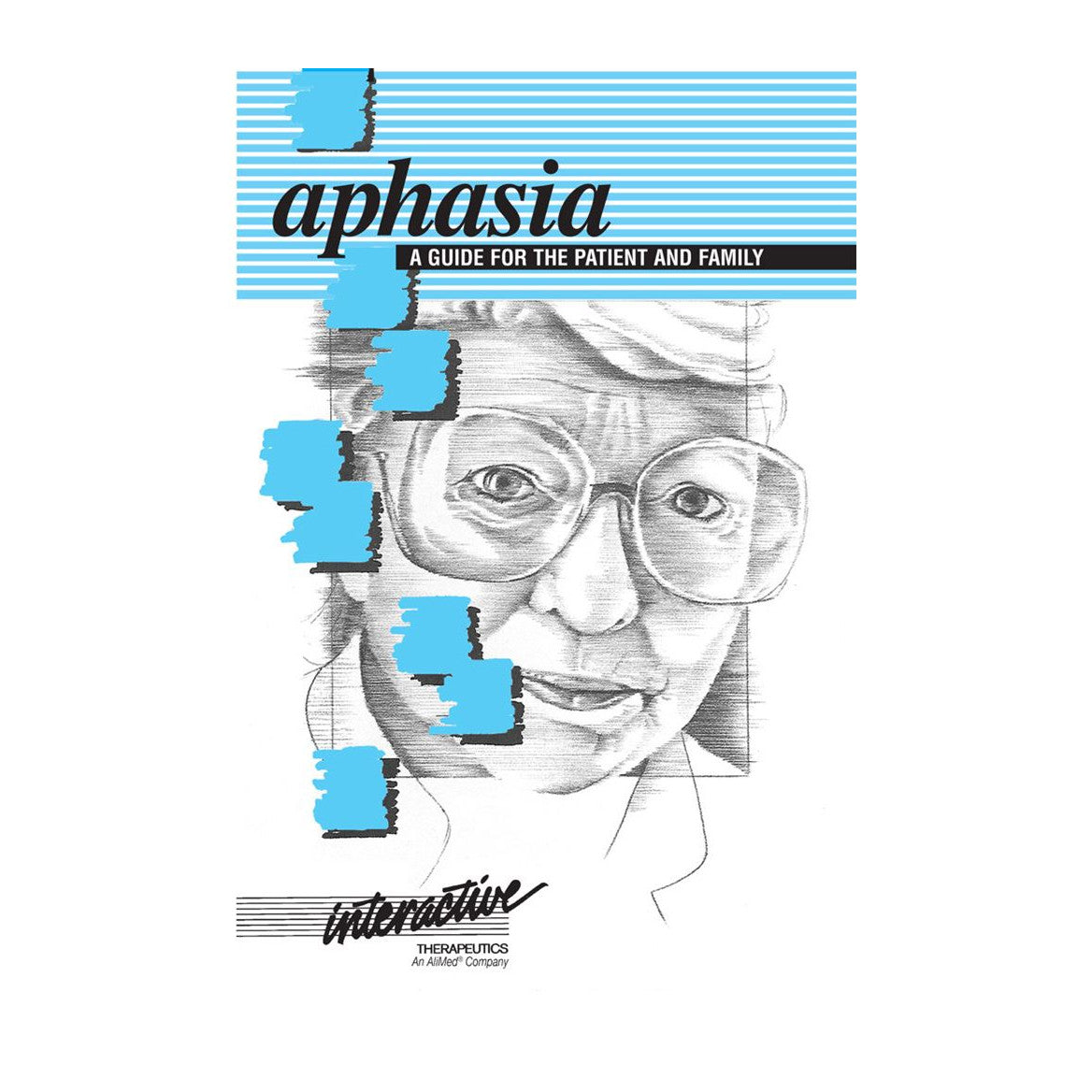 Cover of "AliMed Aphasia: A Guide for the Patient and Family" with a sketched face overlayed by blue shapes and stripes.