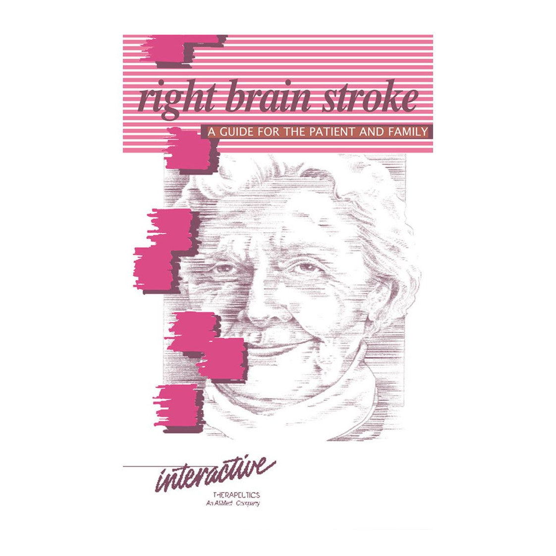 Cover of "AliMed Right Brain Stroke: A Guide for the Patient and Family" features a sketched face with pink brushstroke accents.