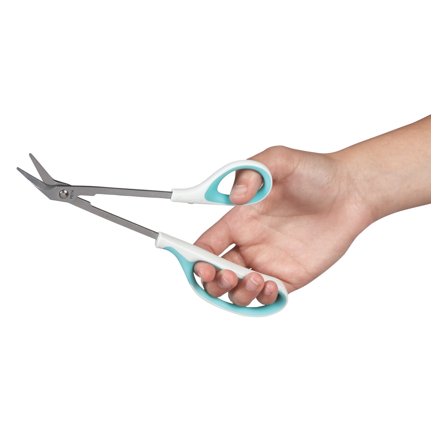 A hand holding ergonomic Toenail Scissors with teal and white handles and angled stainless steel blades.