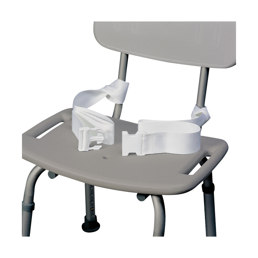 Grey chair with a SkiL-Care Shower and Toilet Safety Belt attached, featuring white straps and a buckle for security.