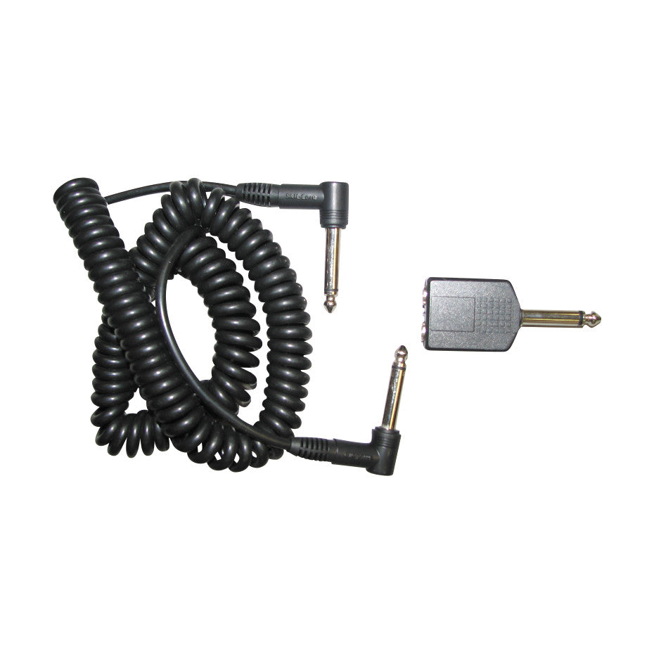 Coiled black cable with right-angle connectors and adapter, part of the Nurse-Call Kit for SkiL-Care MultiPro Safety Alarm.