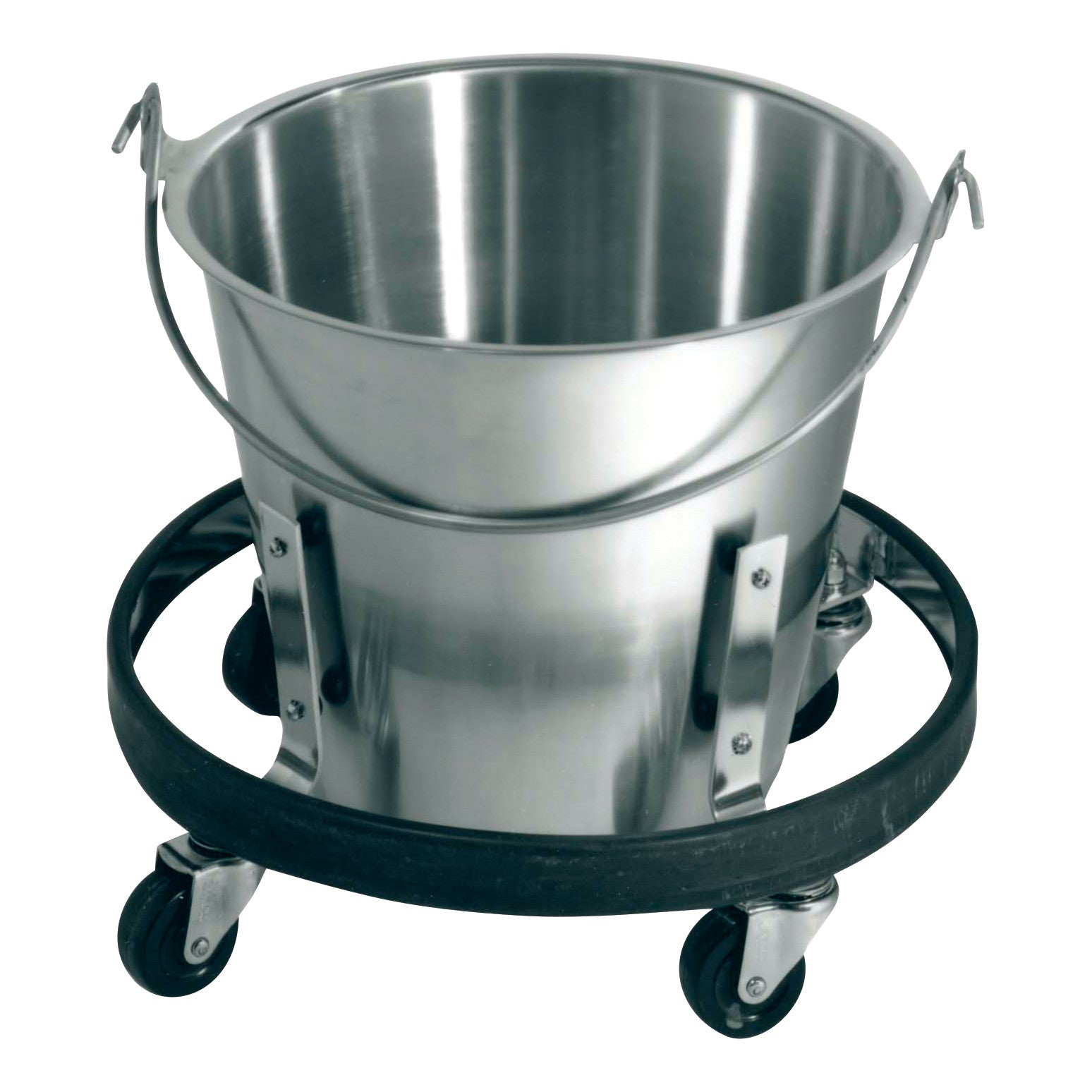 Stainless steel Polar Ware Kick Bucket on a wheeled base with a handle and a protective ring around the bottom.