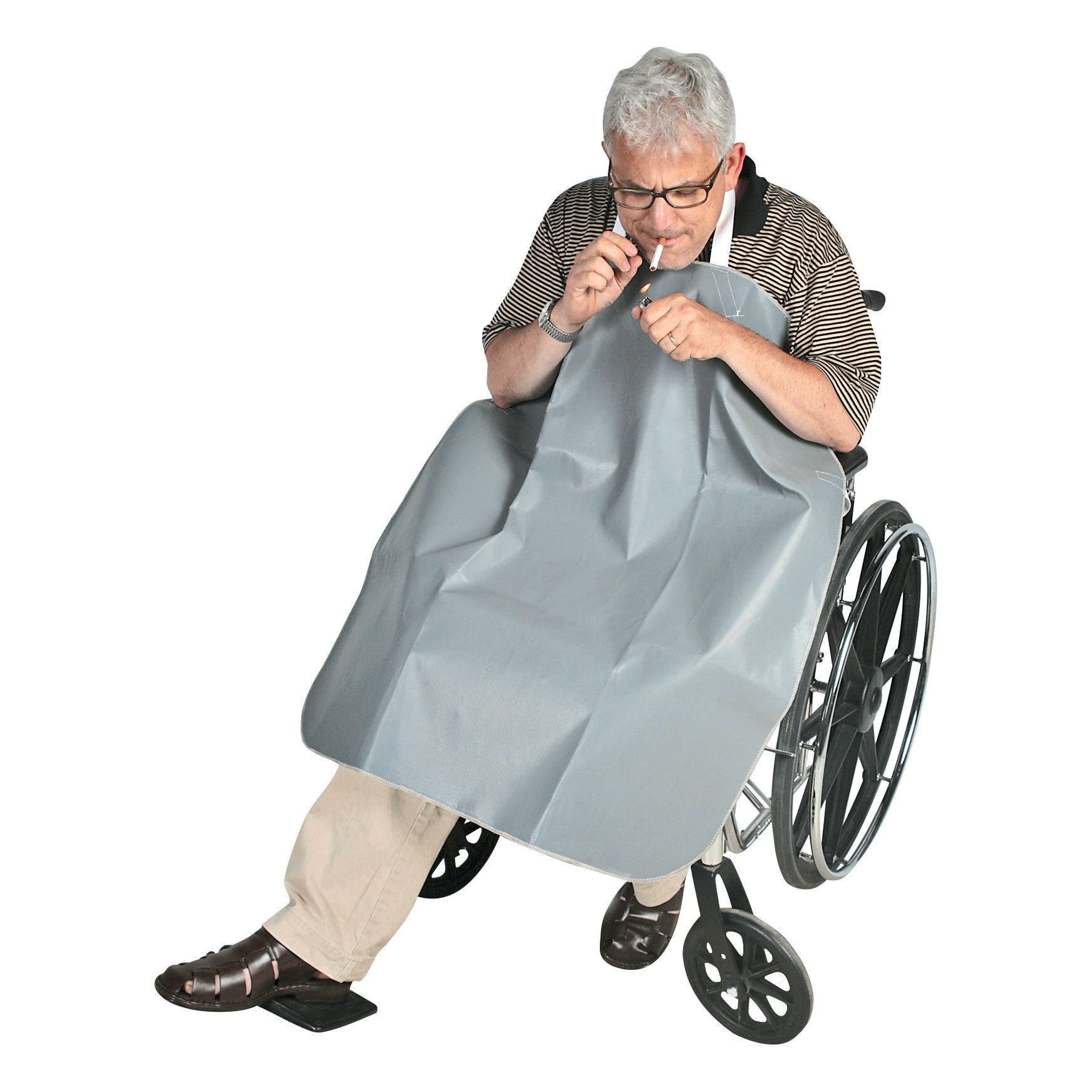 Man in a wheelchair wearing an AliMed Heavy-Duty Smoker's Apron, holding a cigarette and lighter.