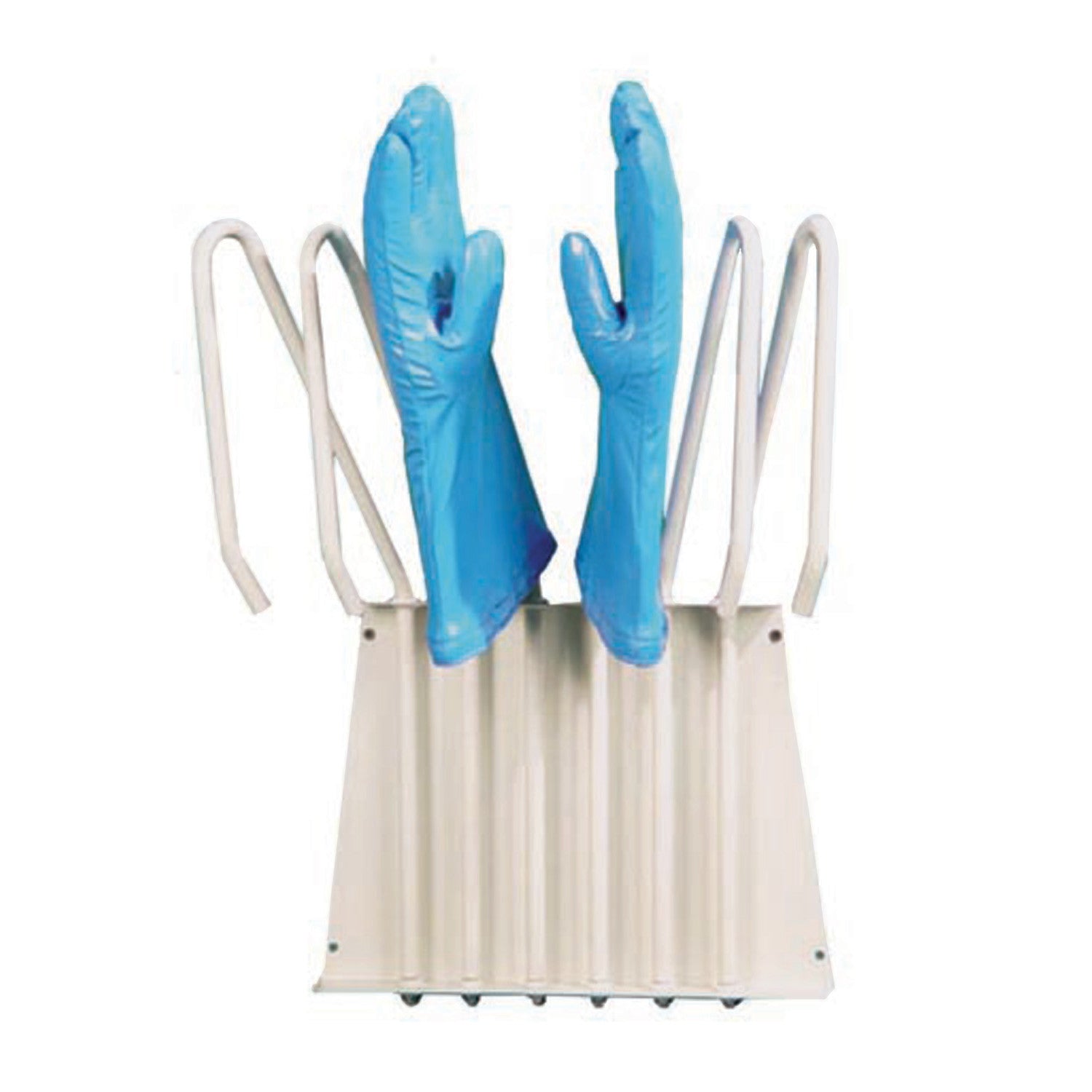 Wall-Mounted Six-Pair Glove Storage, featuring blue gloves displayed upright on white metal holders for organized storage.
