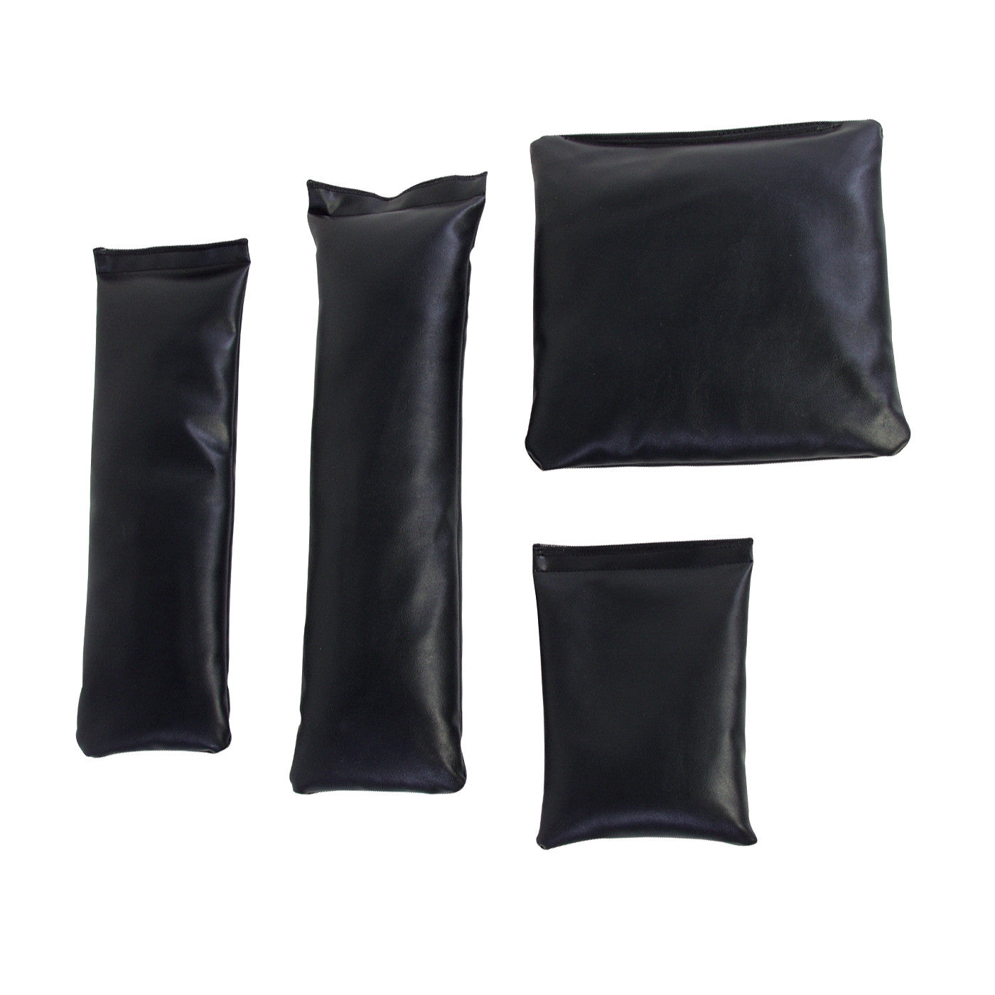 Four black sandbags of varying sizes; this is the AliMed MR-Safe Sandbag Set for medical use.