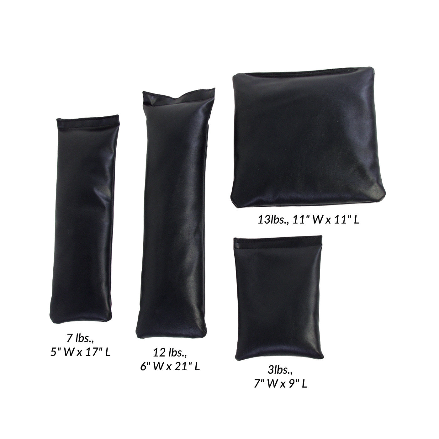 AliMed MR-Safe Sandbag Set includes four black sandbags of varying sizes and weights: 3 lbs, 7 lbs, 12 lbs, and 13 lbs.