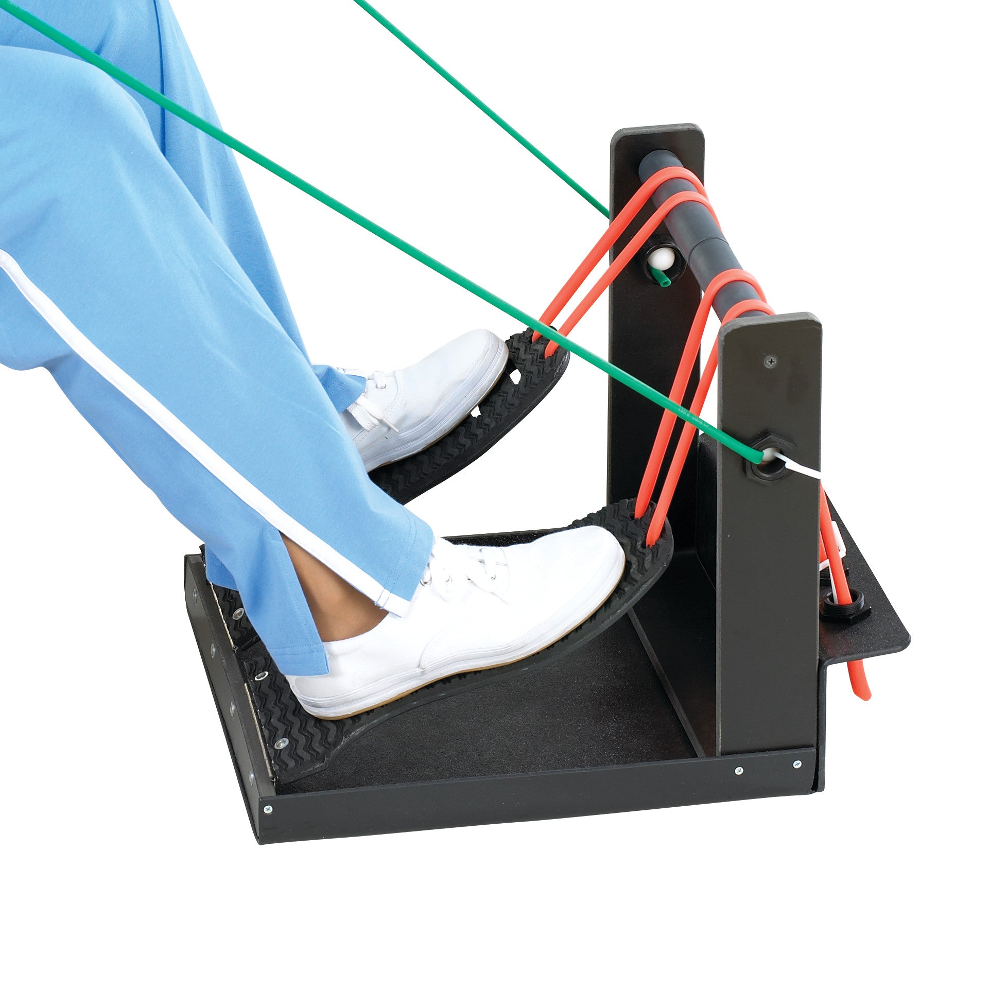 A person exercises their feet using the SkiL-Care Exercise Box, featuring elastic resistance bands and foot straps.