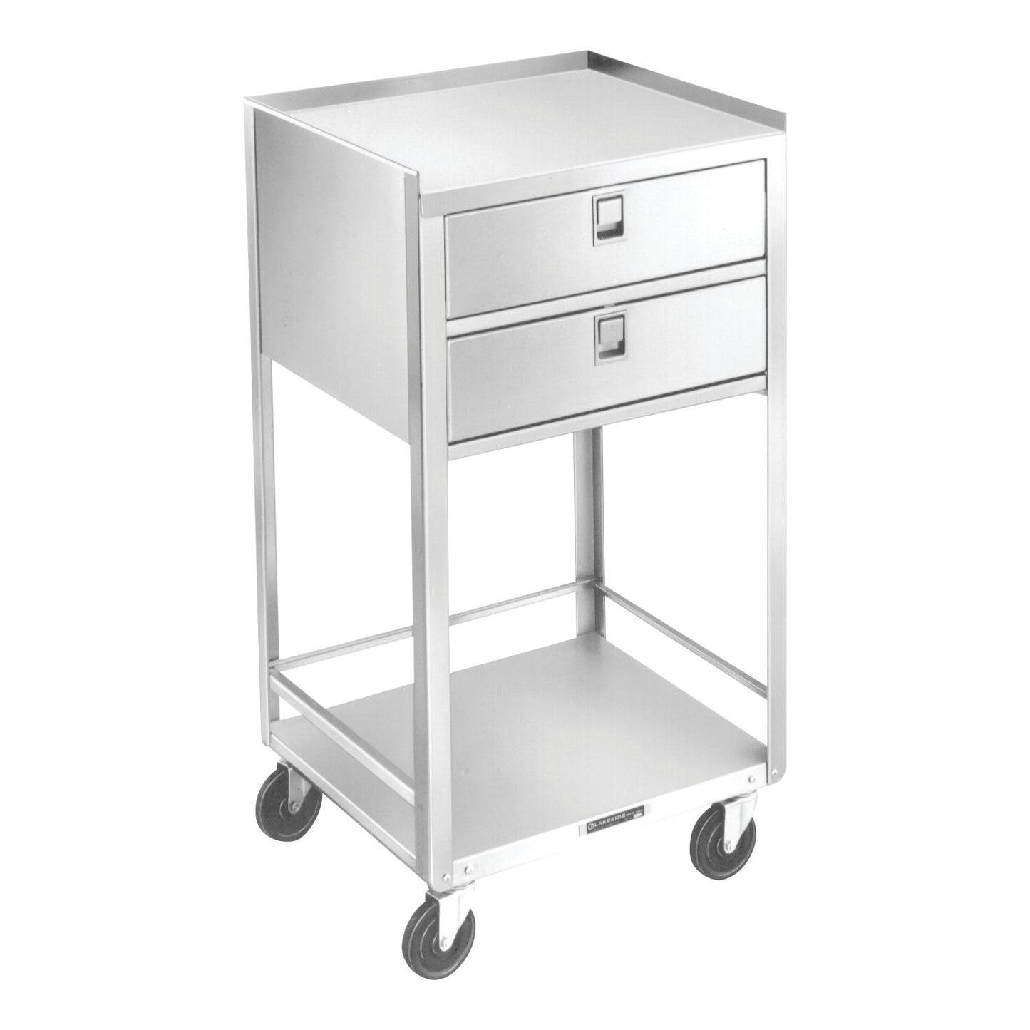 A Lakeside Stainless Steel Equipment Stand features two drawers, an open shelf, and four caster wheels for mobility.