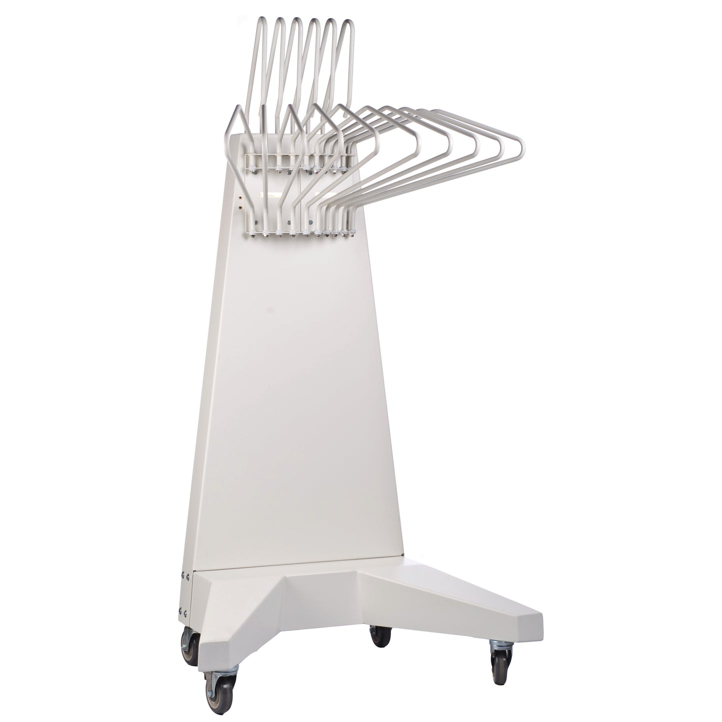 The Deluxe Mobile Apron Rack with Glove Rack is a white, wheeled stand with metal hangers for holding aprons and gloves.