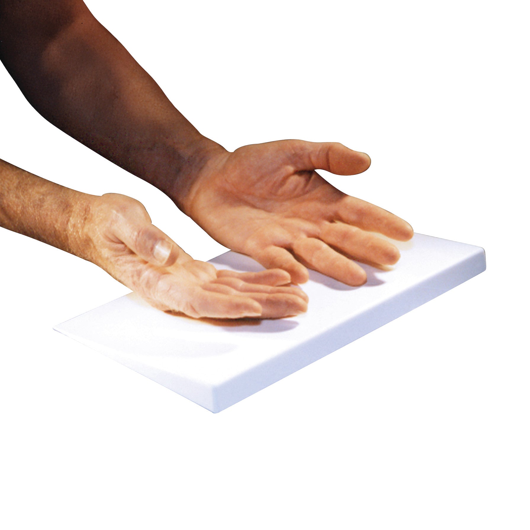 Two hands hover over the OCTOSTOP Gentle Slope Filter, a white board used for supporting patients during medical procedures.