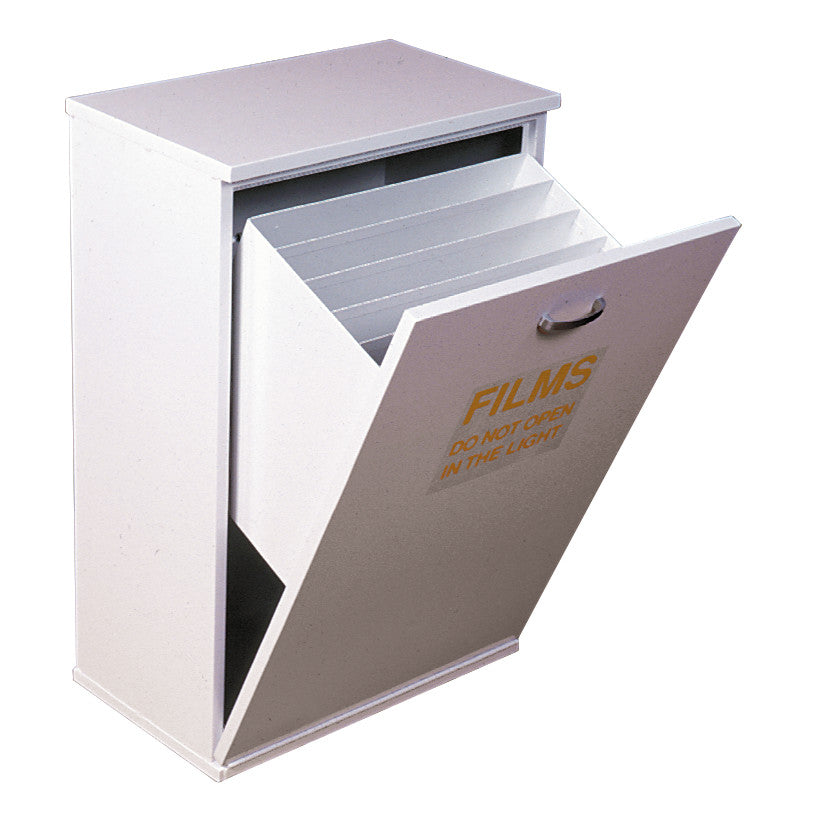A white Wolf Floor Standing Film Bin with a front compartment labeled "FILMS DO NOT OPEN IN THE LIGHT" partially open.