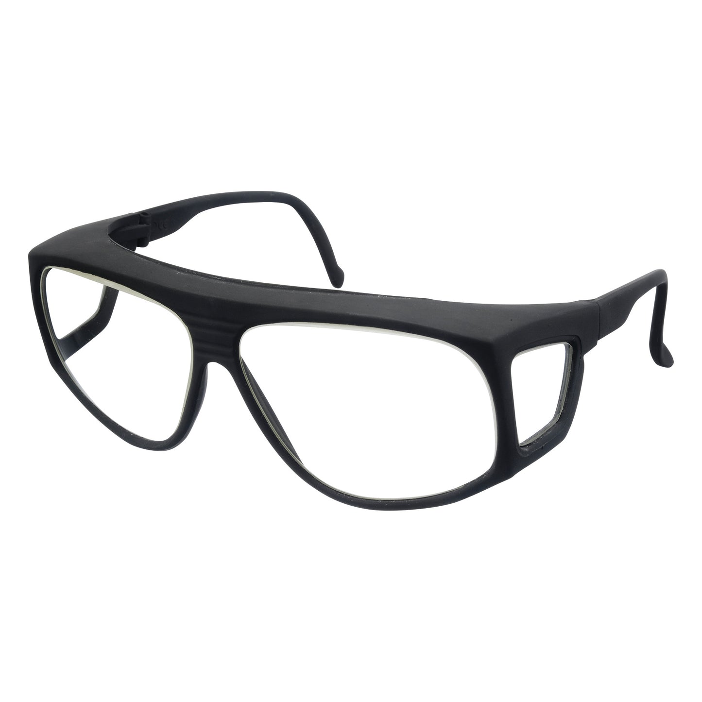 FITOVERS Splash Wraparound Radiation Glasses in black with side shields and clear lenses designed for eye protection.