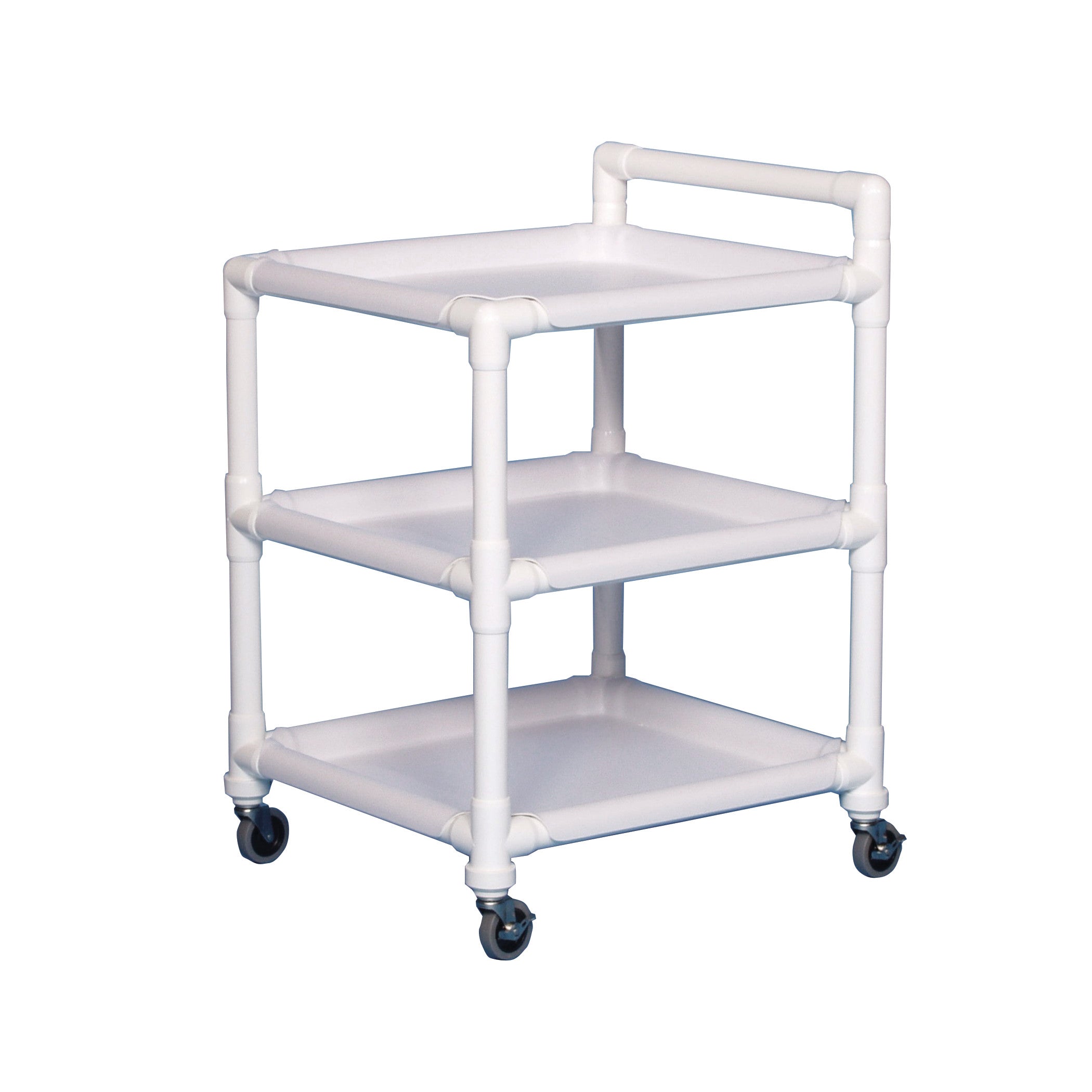 MRI 3-Shelf PVC Utility Cart with three white shelves and four black wheels. Made of sturdy PVC, it has a handle on top.