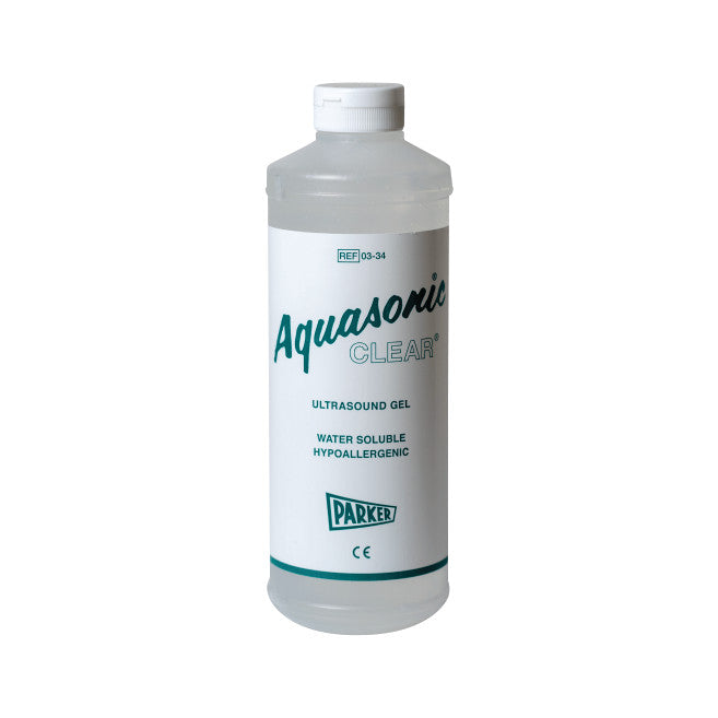 A bottle of Parker Aquasonic Clear Ultrasound Gel, labeled as water soluble and hypoallergenic, with a white cap.
