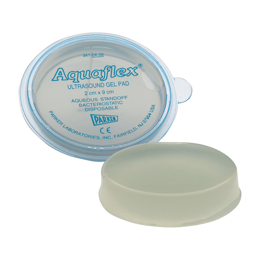 Parker Aquaflex Ultrasound Standoff Gel Pad, circular, transparent, labeled as disposable, aqueous, bacteriostatic, 2 cm x 9 cm.