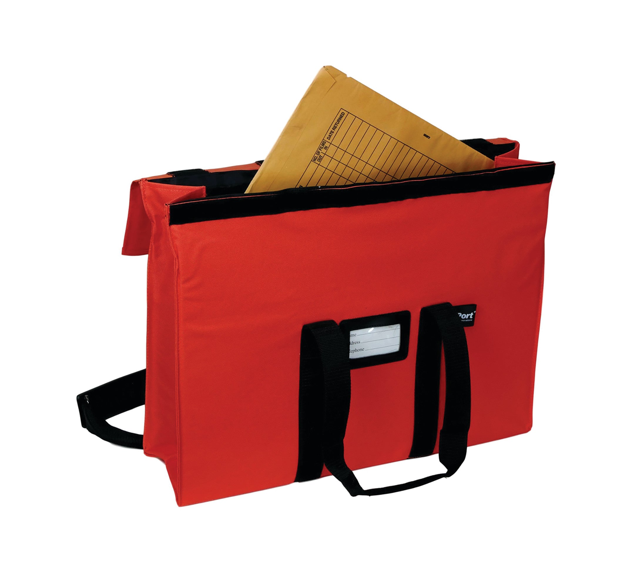 Red Expandable X-Port X-Ray Portfolio with black handles, holding a large brown envelope.