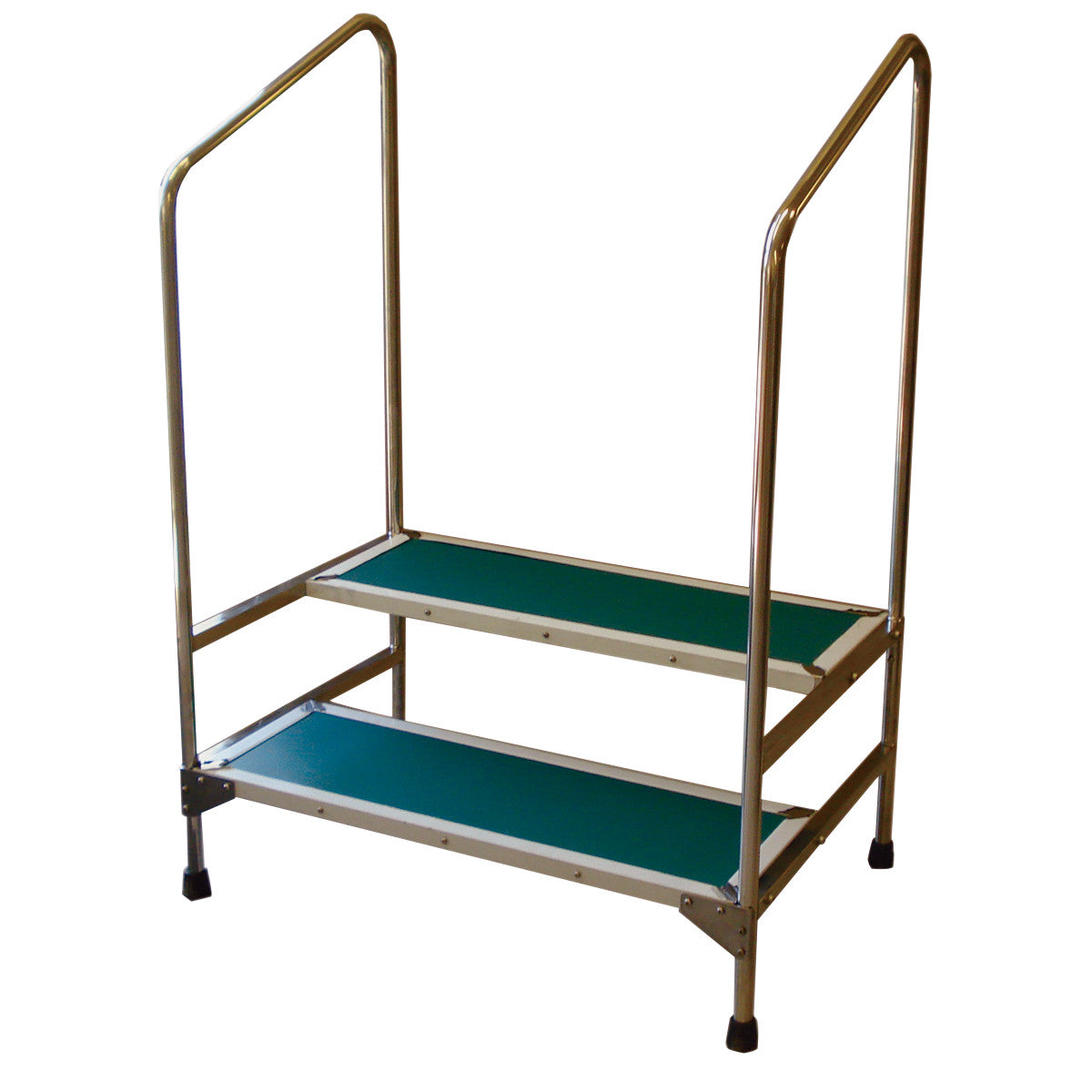 MRI Nonmagnetic Double Step Stool with Handrails. It features two green steps and metal handrails for support.