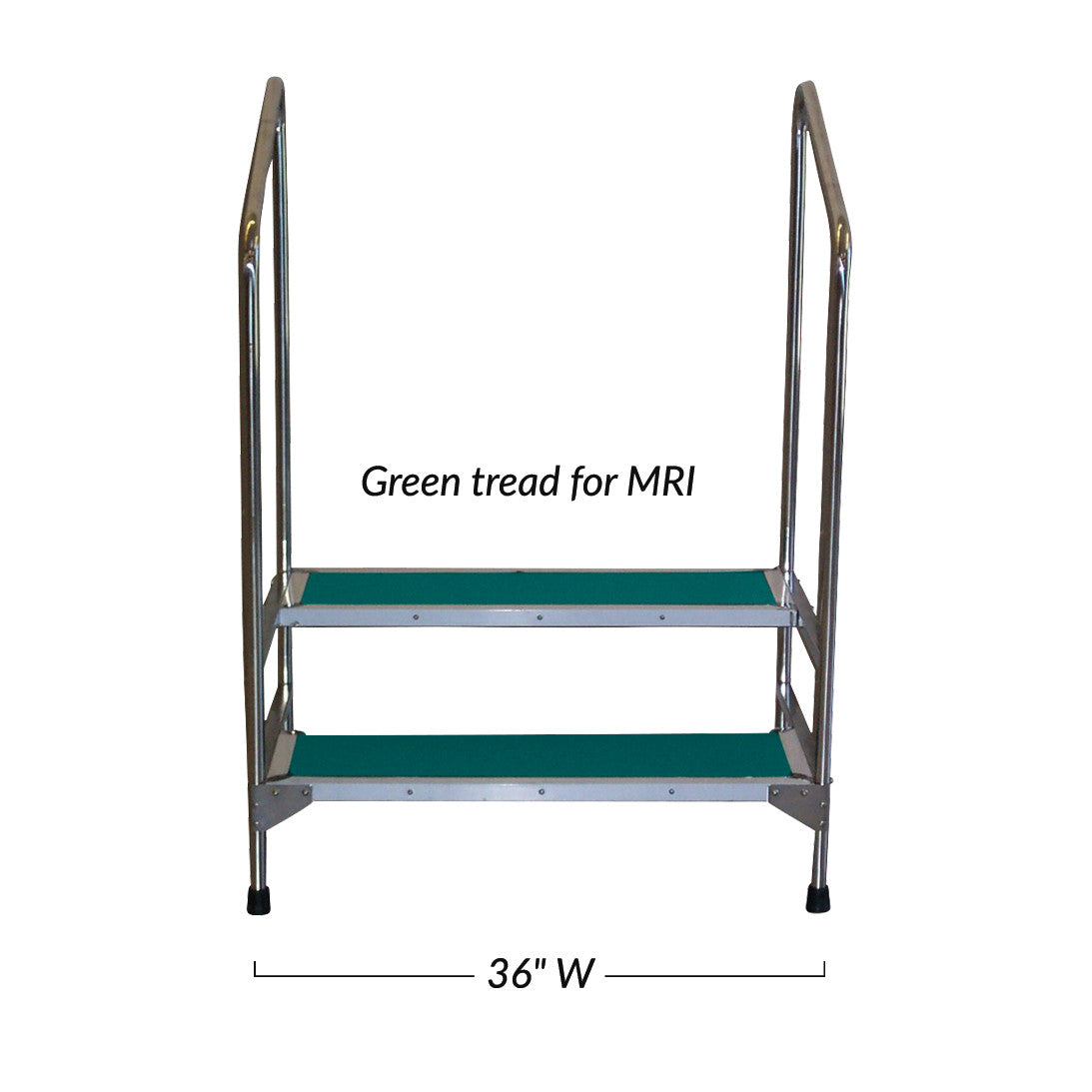 MRI Nonmagnetic Double Step Stool with Handrails, featuring green treads, 36 inches wide.