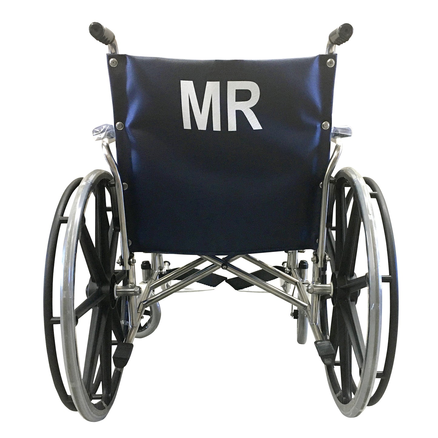 Rear view of the MR-Conditional Wheelchair with Removable Full-Length Arms and Fixed Footrests, showing the backrest and wheels.