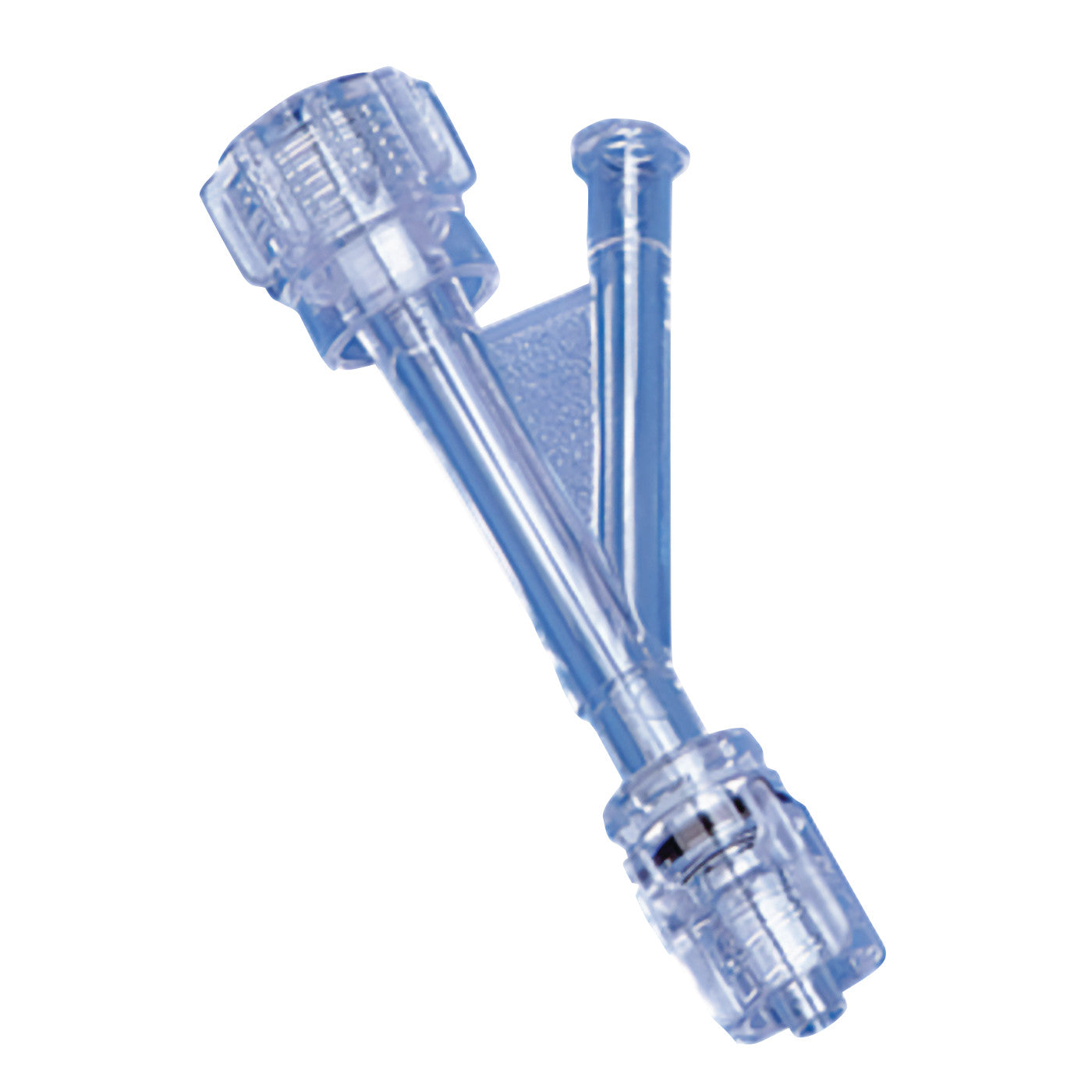 The DeRoyal Hemostatic Y-Adaptor is a transparent, Y-shaped medical connector with threaded ends, designed for fluid control.