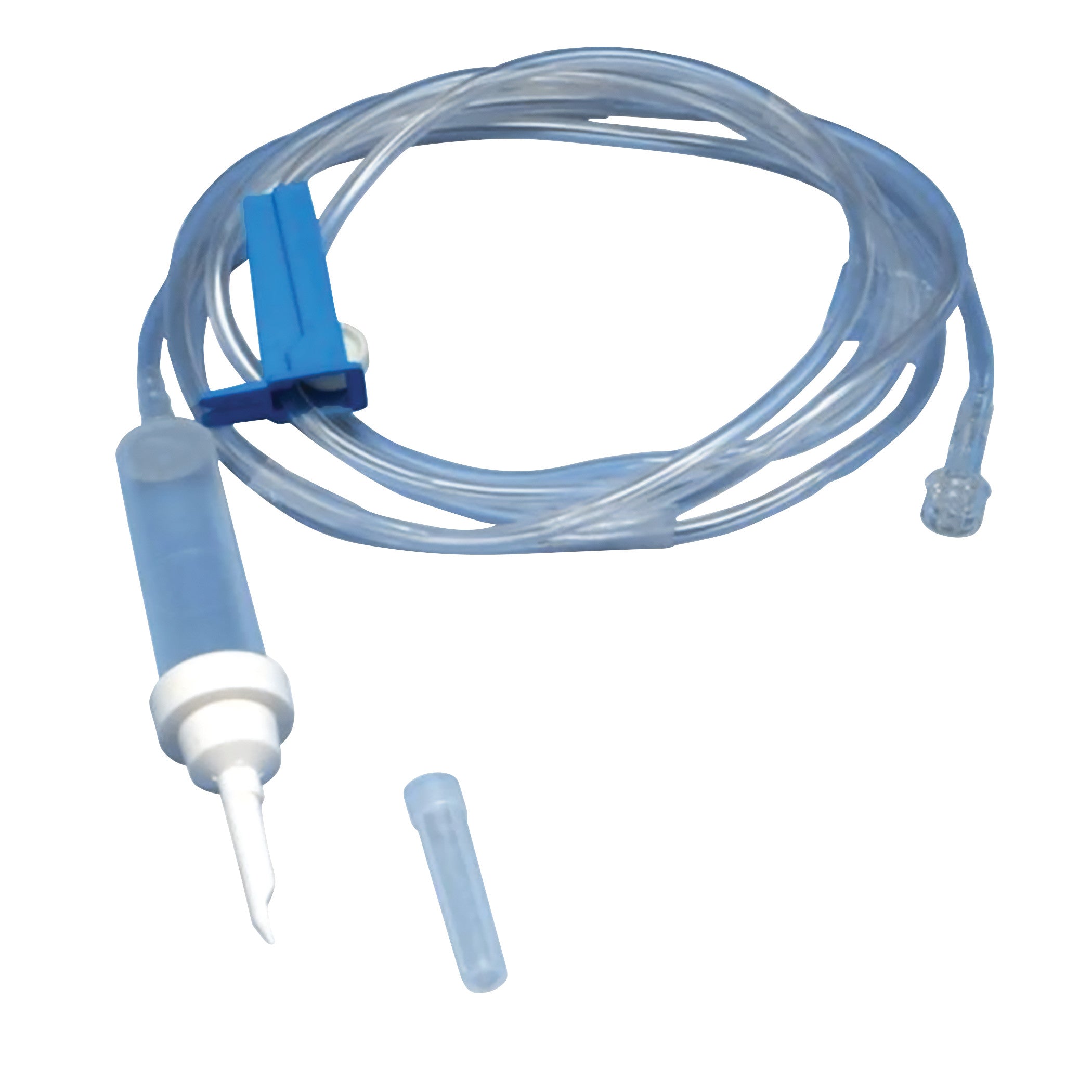 DeRoyal Fluid Administration Set with Micron Filter. It features tubing, a blue clip, and a clear filter assembly for medical use.