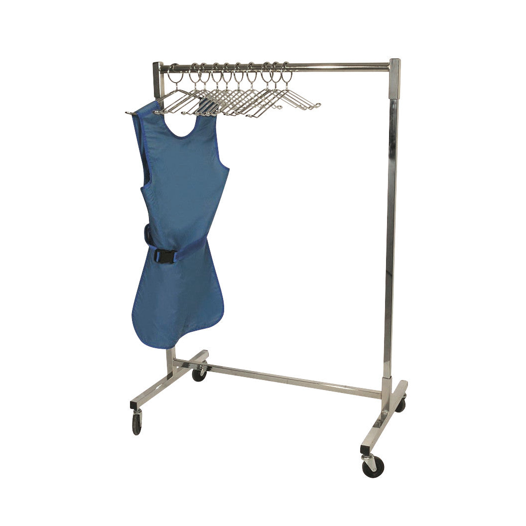 A Mobile Apron Valet Rack with a blue apron and several hangers on a wheeled frame.