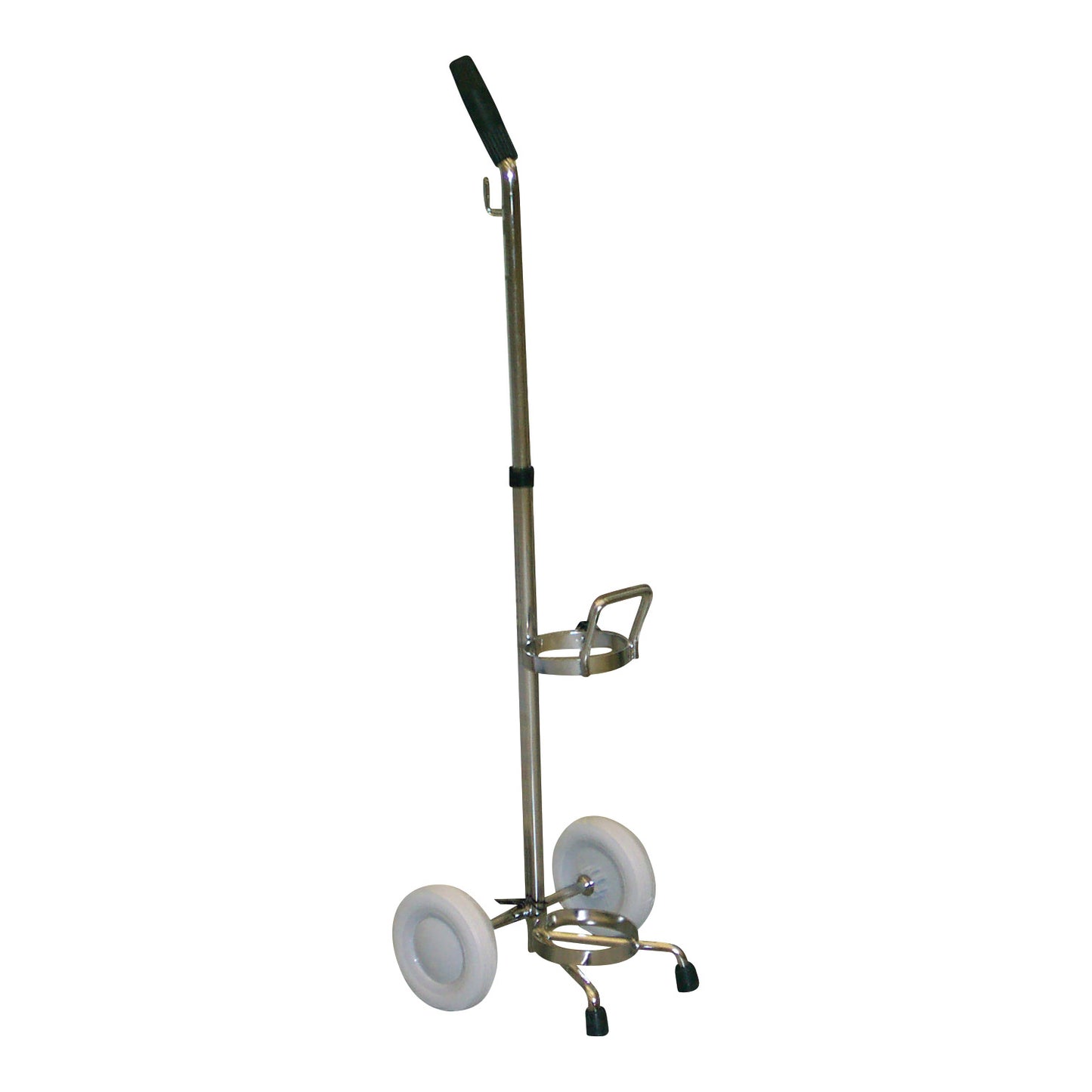 A Nonmagnetic D/E Cylinder Hand Cart with a tall handle, rubber grip, and two white wheels, designed to transport gas cylinders.