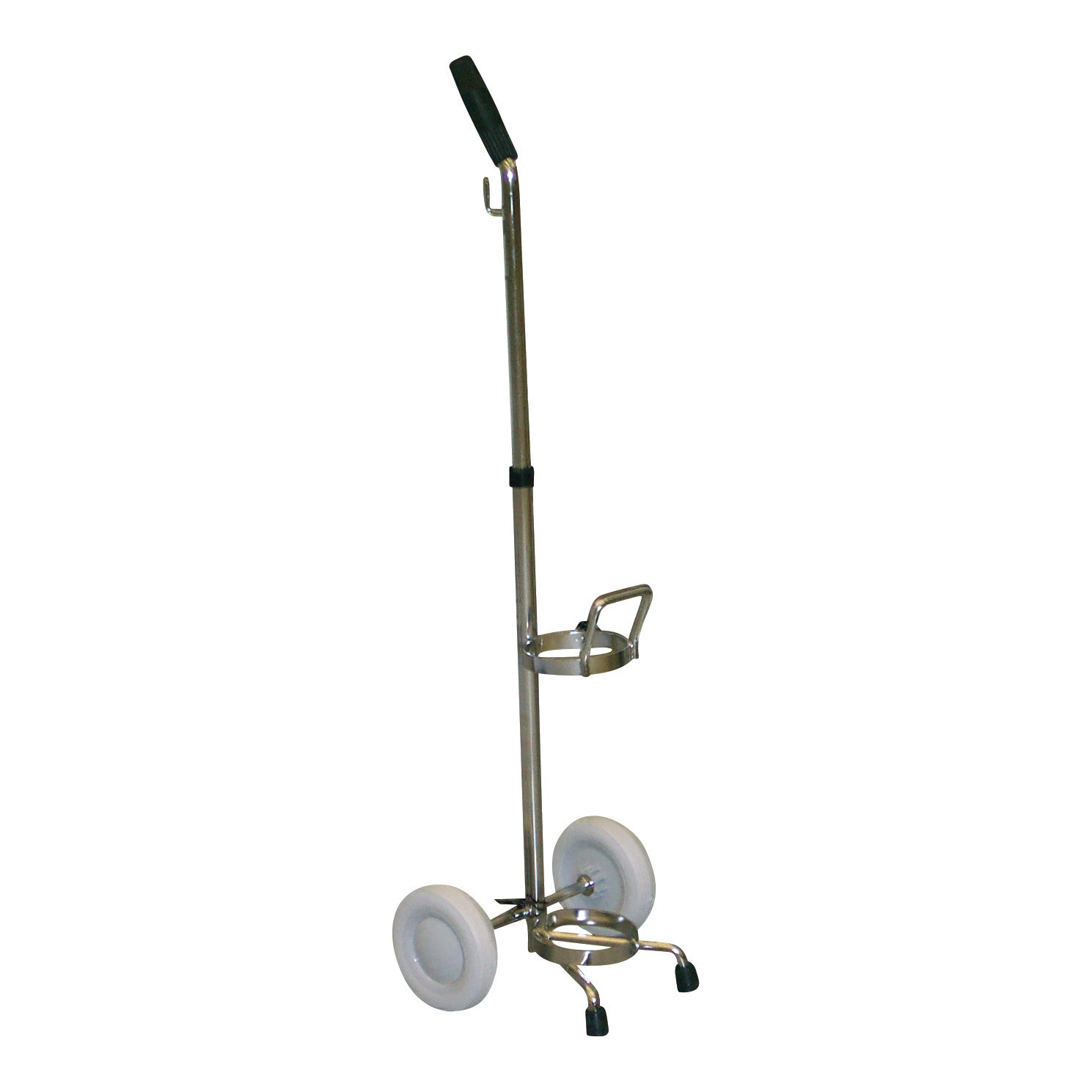 A Nonmagnetic D/E Cylinder Hand Cart with a tall handle, rubber grip, and two white wheels, designed to transport gas cylinders.