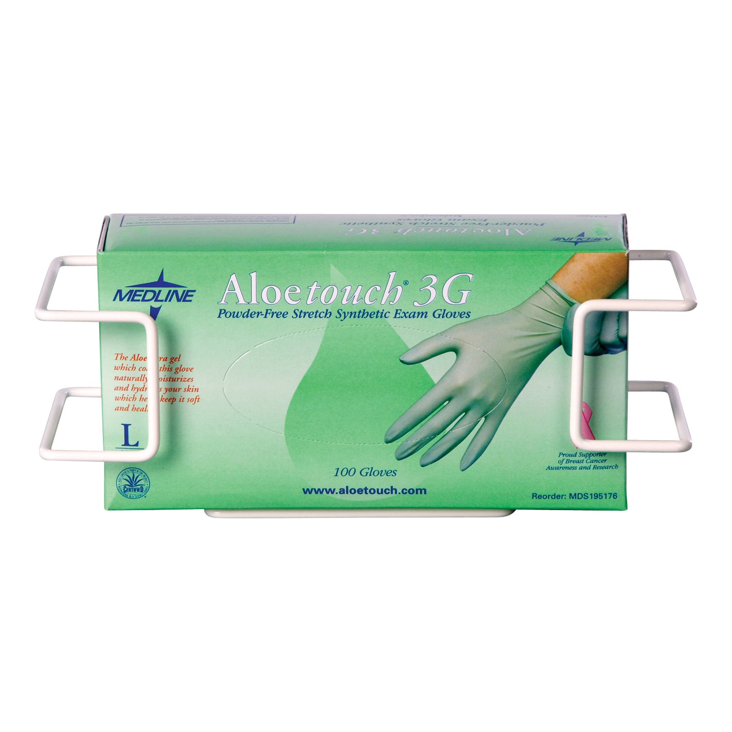 Box of Aloetouch 3G gloves in an AliMed Wire Glove Dispenser. The green box contains 100 powder-free synthetic exam gloves.