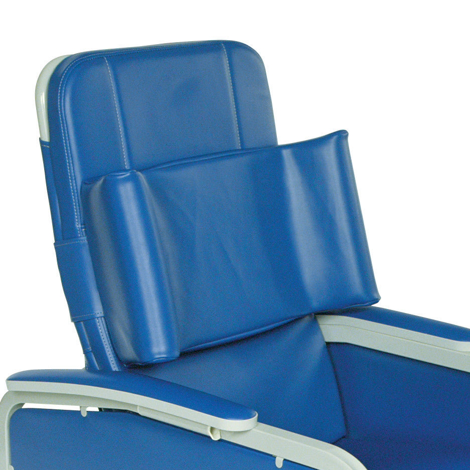 Blue chair with a Torso Support, featuring padded armrests and a cushioned upright backrest for added comfort.