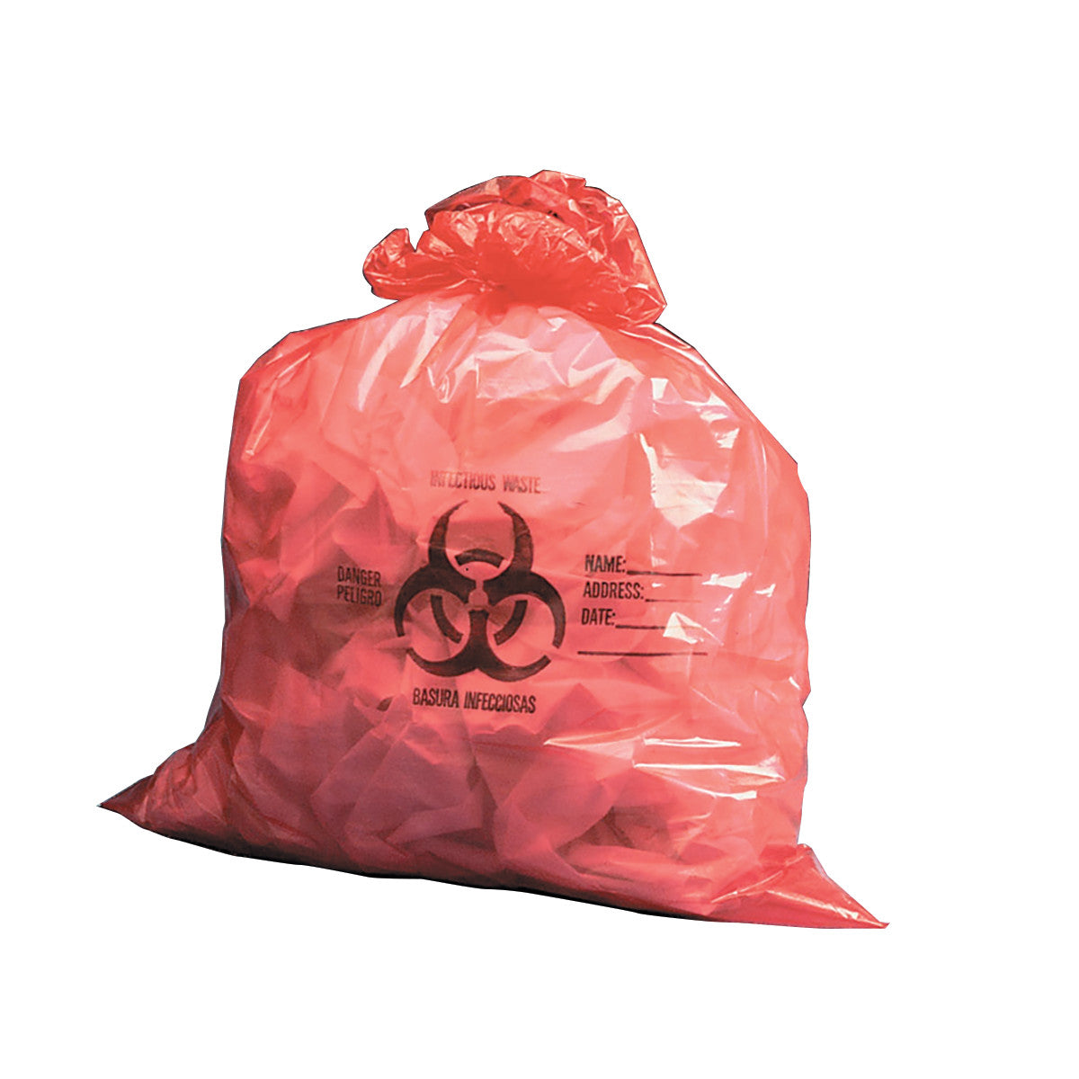 A Red Biohazard Liner with biohazard symbols and labeled 'Infectious Waste' for hazardous material disposal.