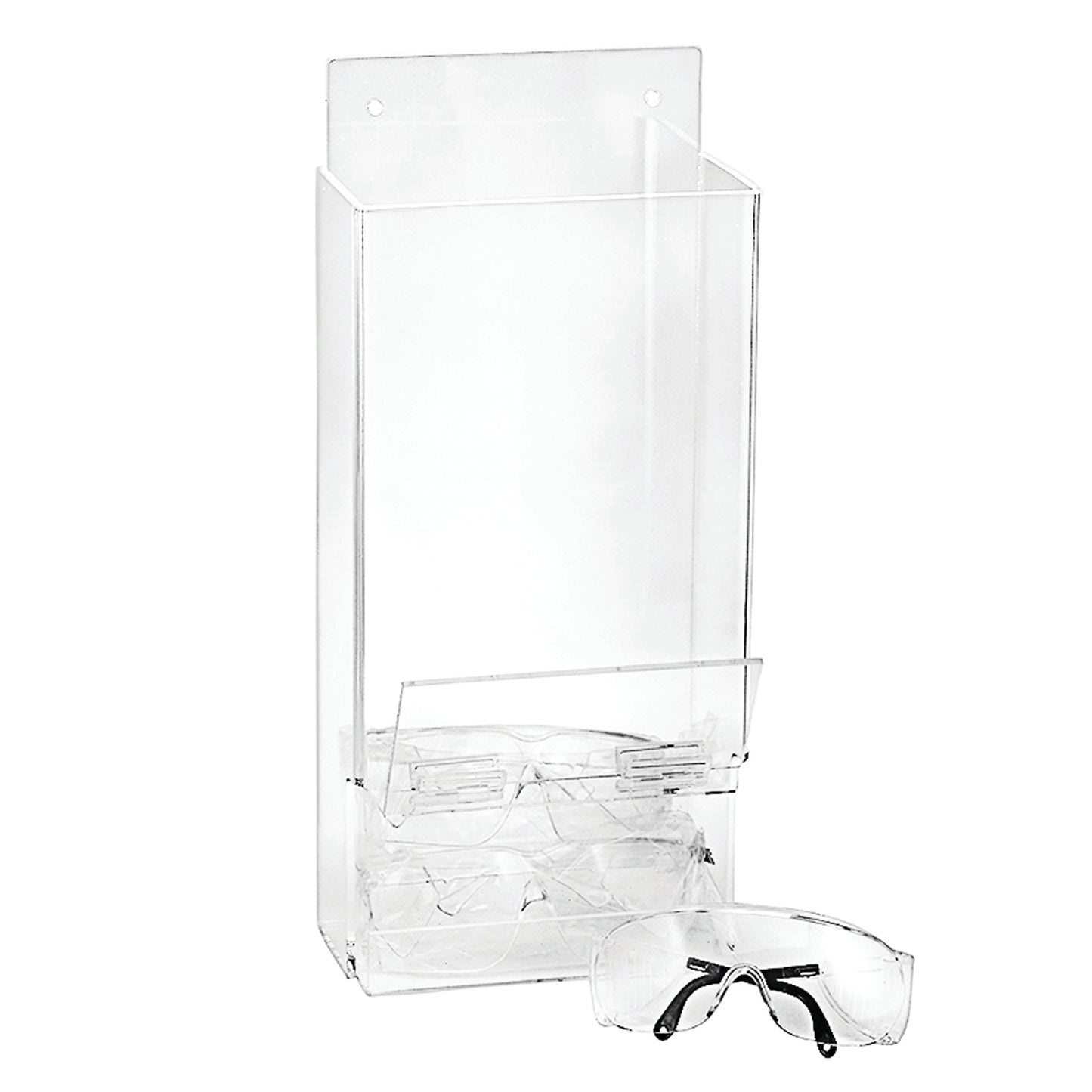 Clear plastic Eyewear Dispenser with wall-mounting holes, holds multiple safety glasses, one pair is displayed in front.