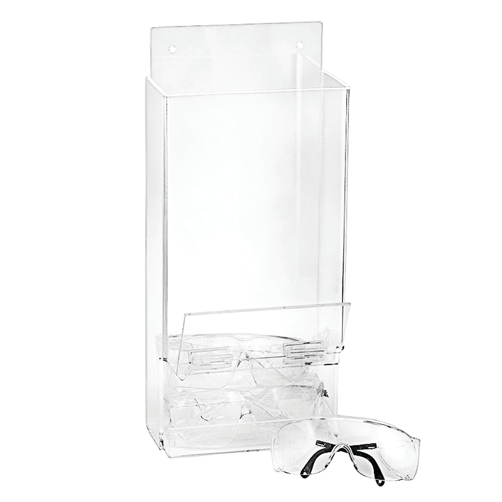 Clear plastic Eyewear Dispenser with wall-mounting holes, holds multiple safety glasses, one pair is displayed in front.